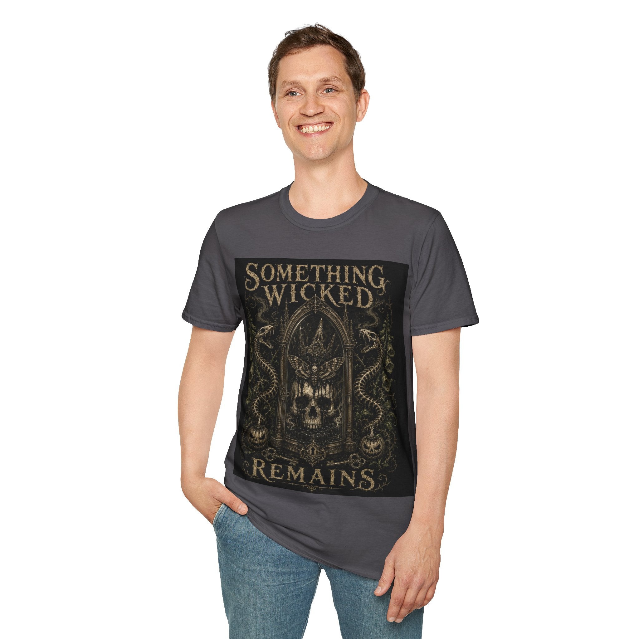 T-Shirt — "Something Wicked Remains" Gothic Skull Vintage Graphic