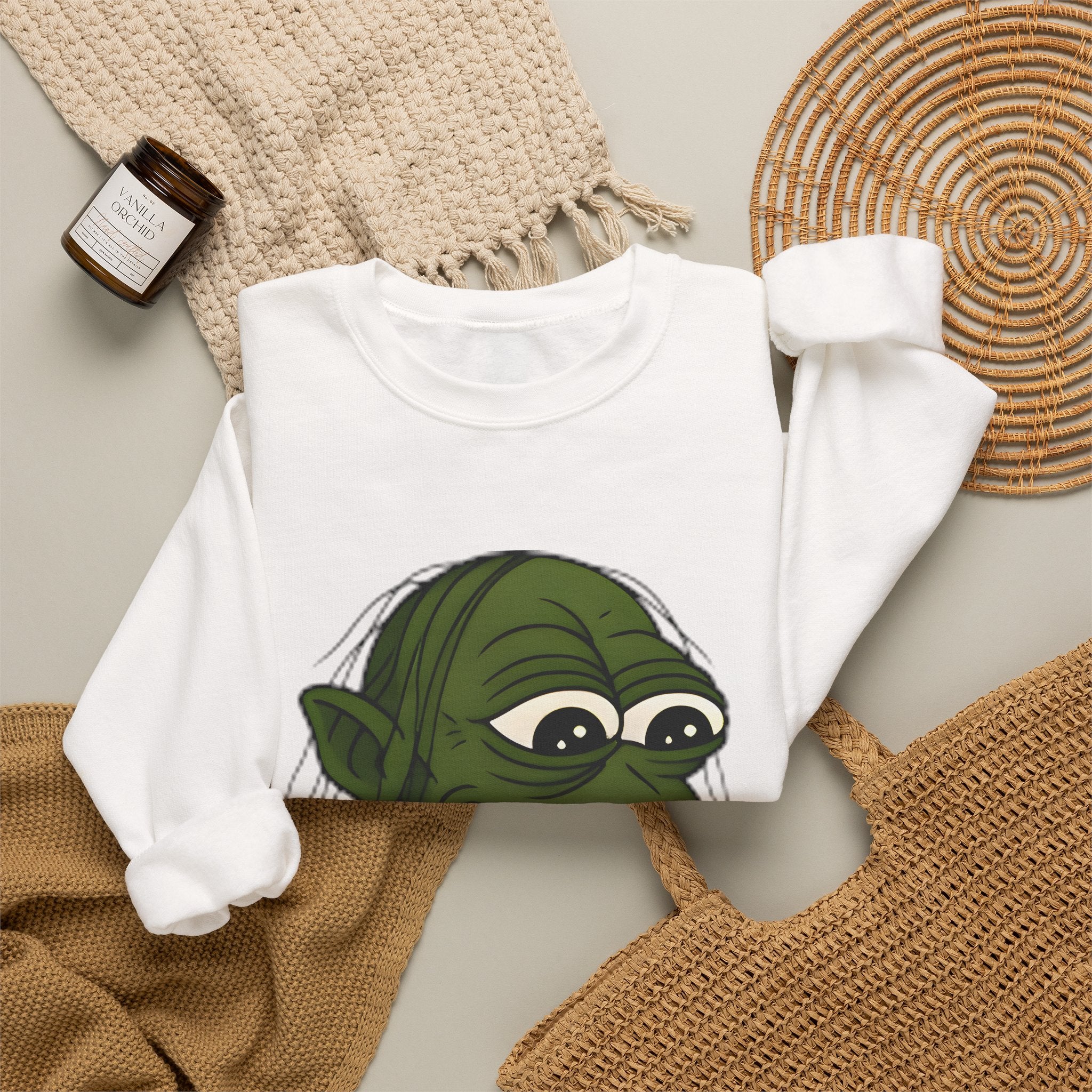 Crewneck Sweatshirt — Cartoon Goblin Holding Ring Graphic