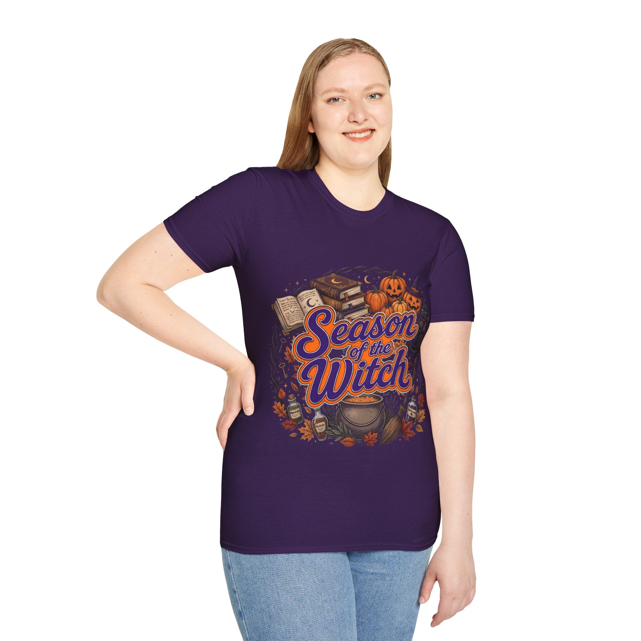 Season of the Witch Halloween T-Shirt — Pumpkin, Witch Hat & Spellbook Tee