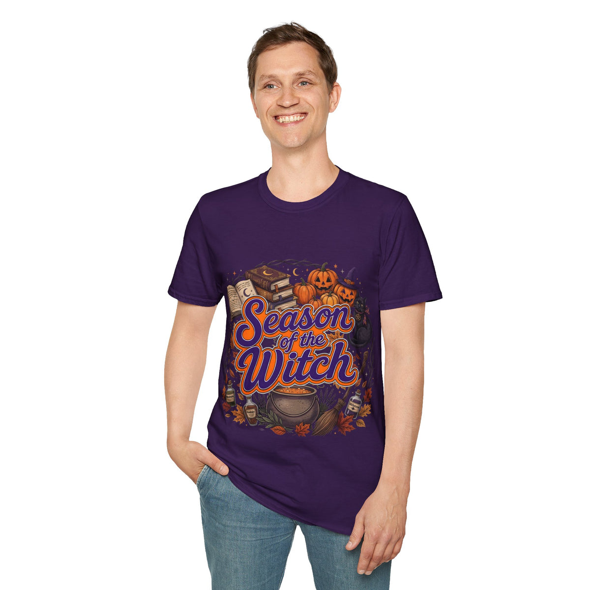 Season of the Witch Halloween T-Shirt — Pumpkin, Witch Hat & Spellbook Tee