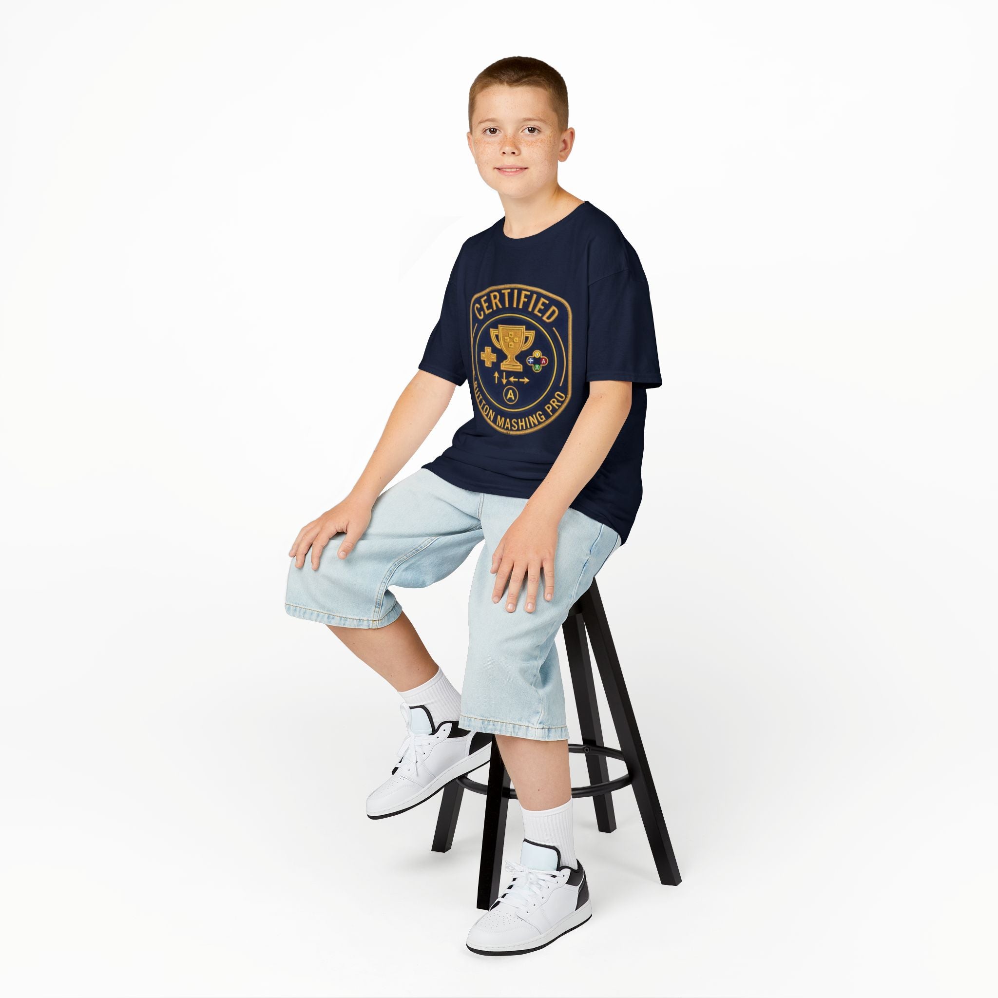 Kids Tee — "Certified Button Mashing Pro" Retro Gamer Badge