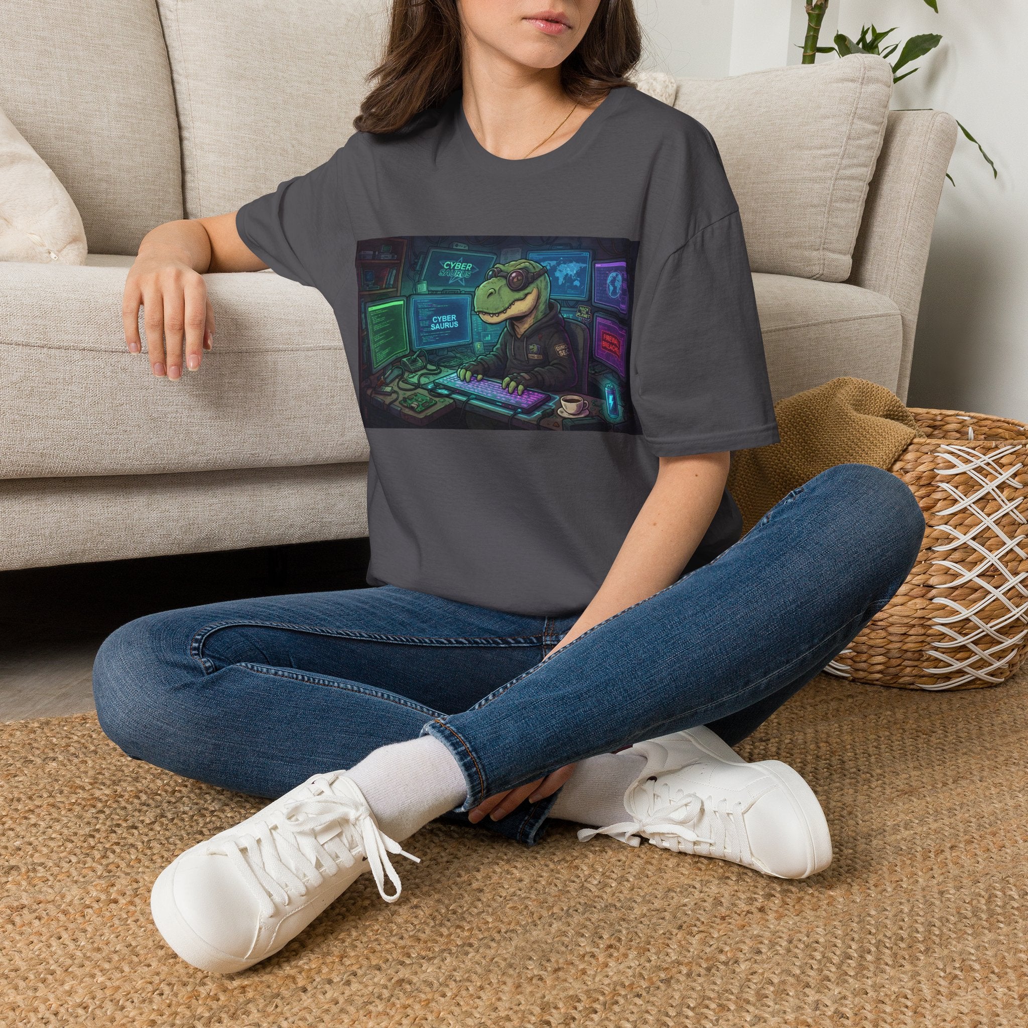 Cyber Saurus T‑Shirt — Retro Hacker Dinosaur Gaming Tee