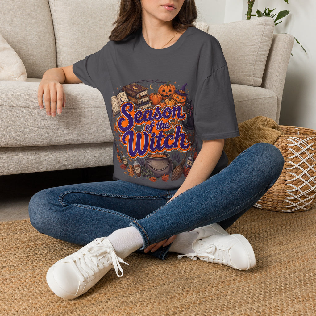 Season of the Witch Halloween T-Shirt — Pumpkin, Witch Hat & Spellbook Tee