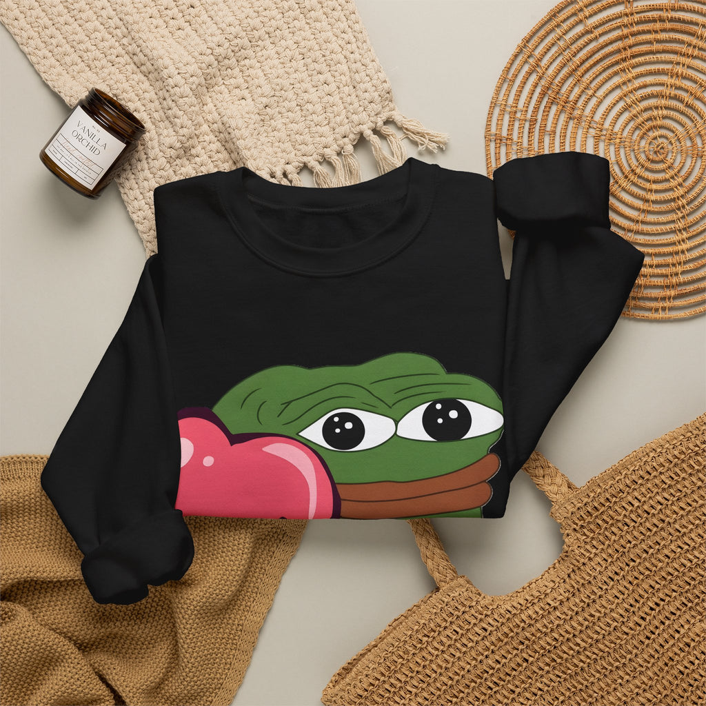 Pepe Heart Crewneck Sweatshirt - Cute Pepe Holding Pink Heart Graphic