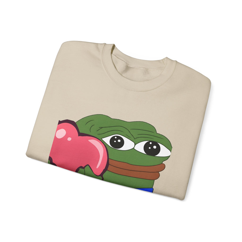 Pepe Heart Crewneck Sweatshirt - Cute Pepe Holding Pink Heart Graphic