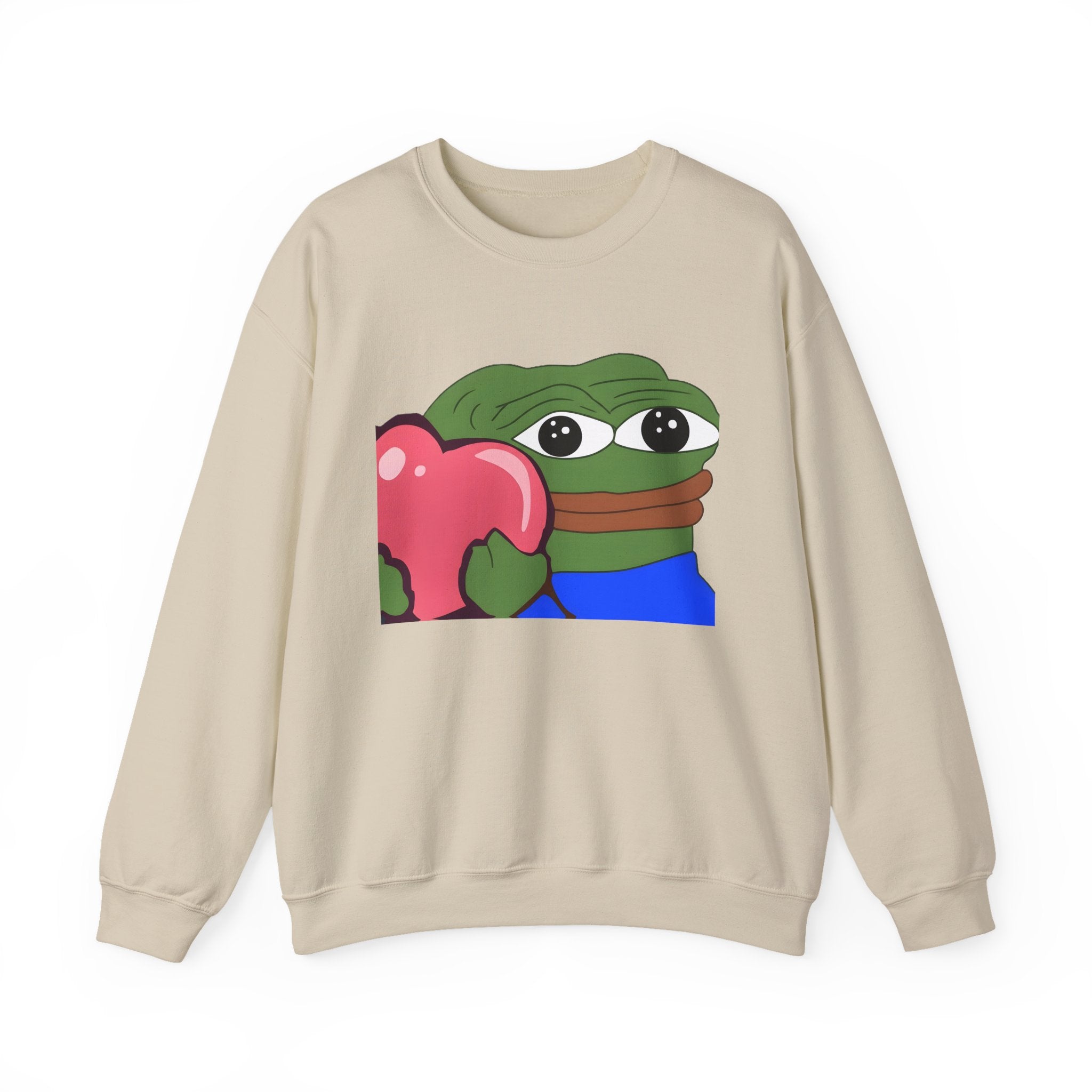Pepe Heart Crewneck Sweatshirt - Cute Pepe Holding Pink Heart Graphic