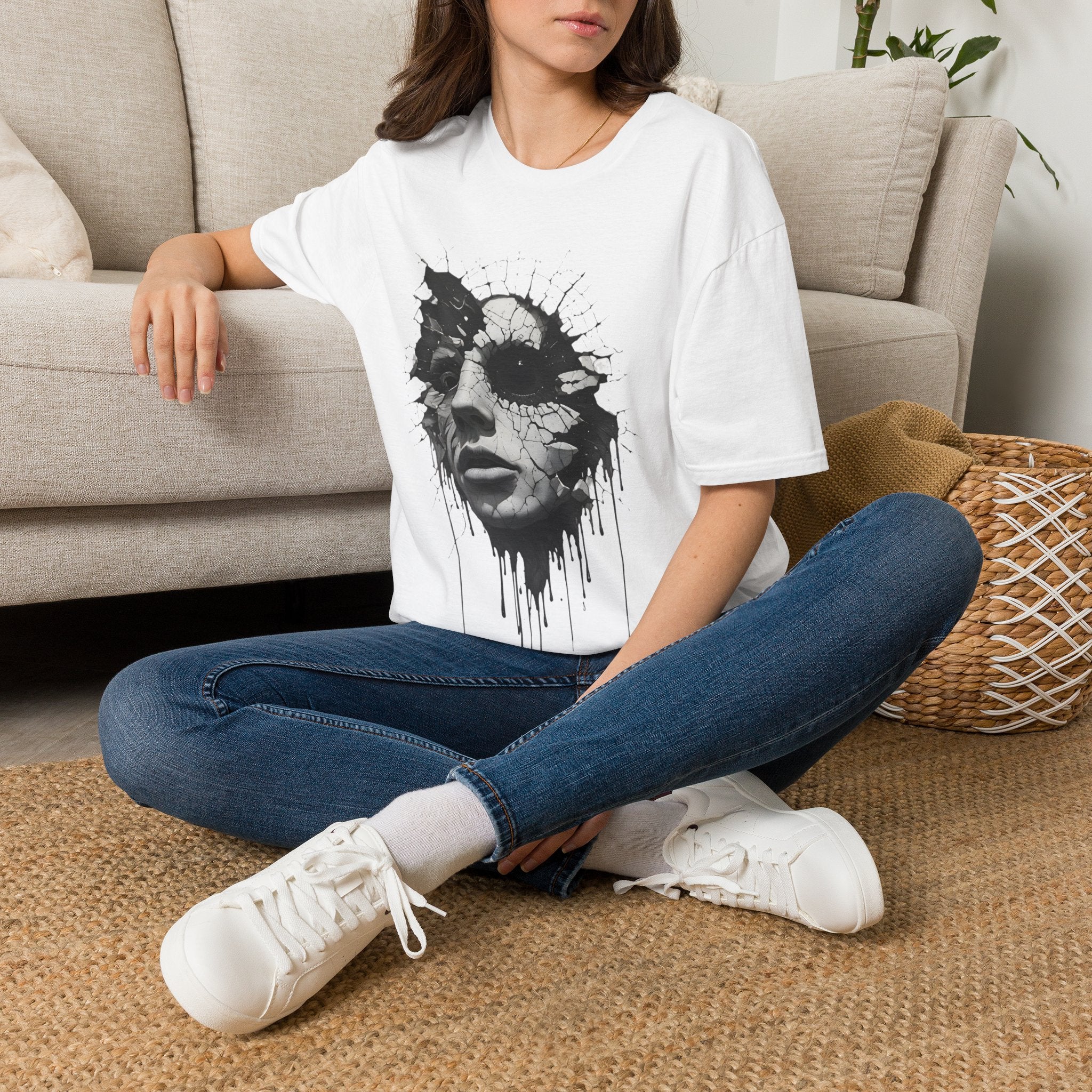 Abstract Shattered Face T-Shirt — Monochrome Drip Art Tee