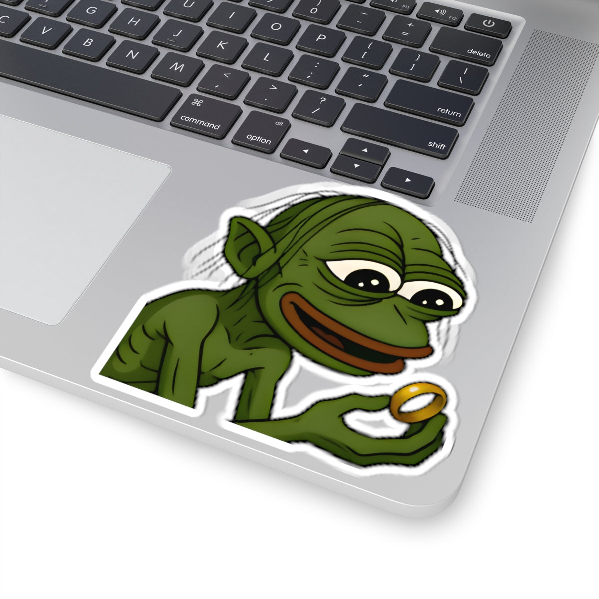 Pepe Gollum Sticker — Funny Green Character Holding Ring Kiss-Cut Sticker