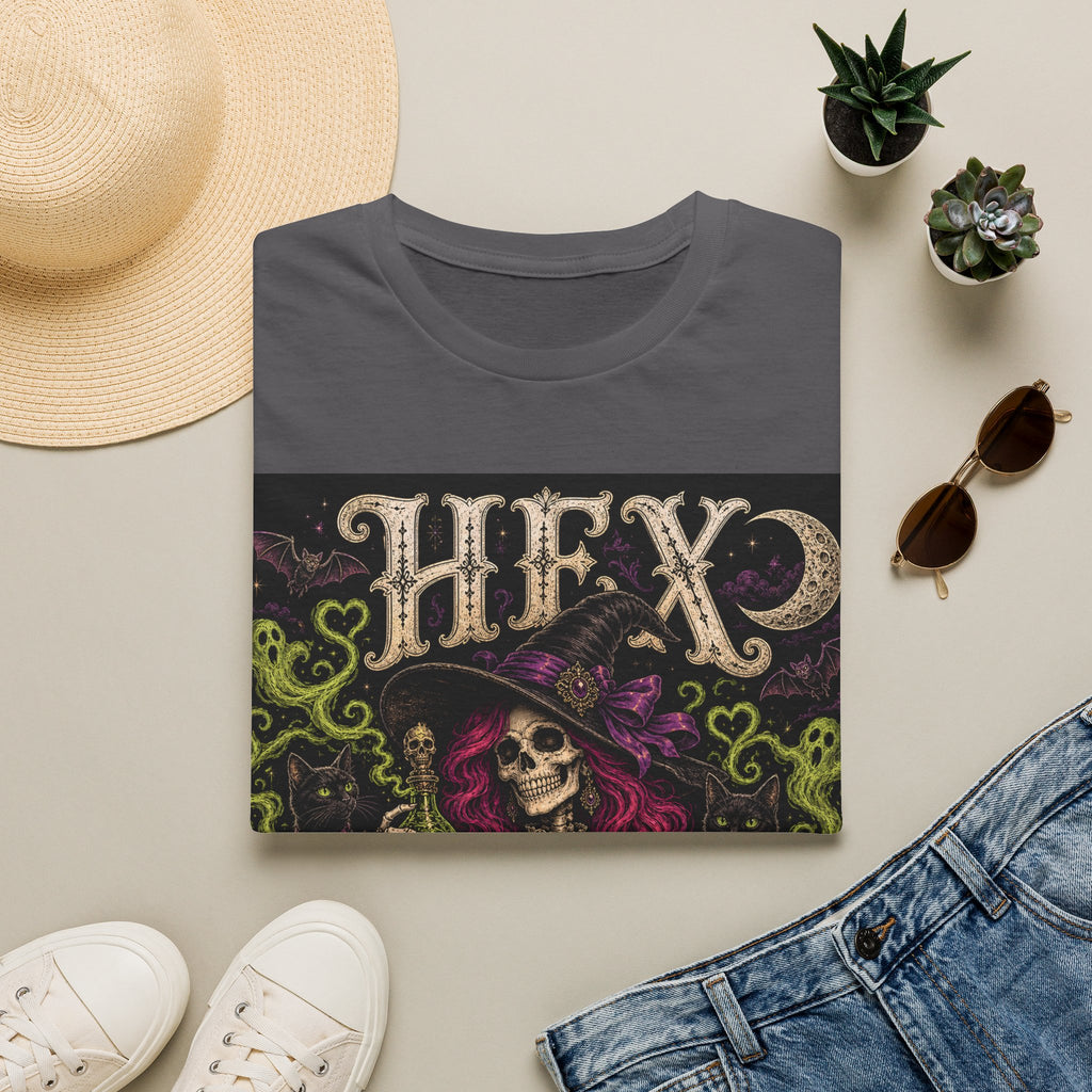 Witchy Halloween T‑Shirt — 'Hex Appears' Skull Witch Graphic Tee