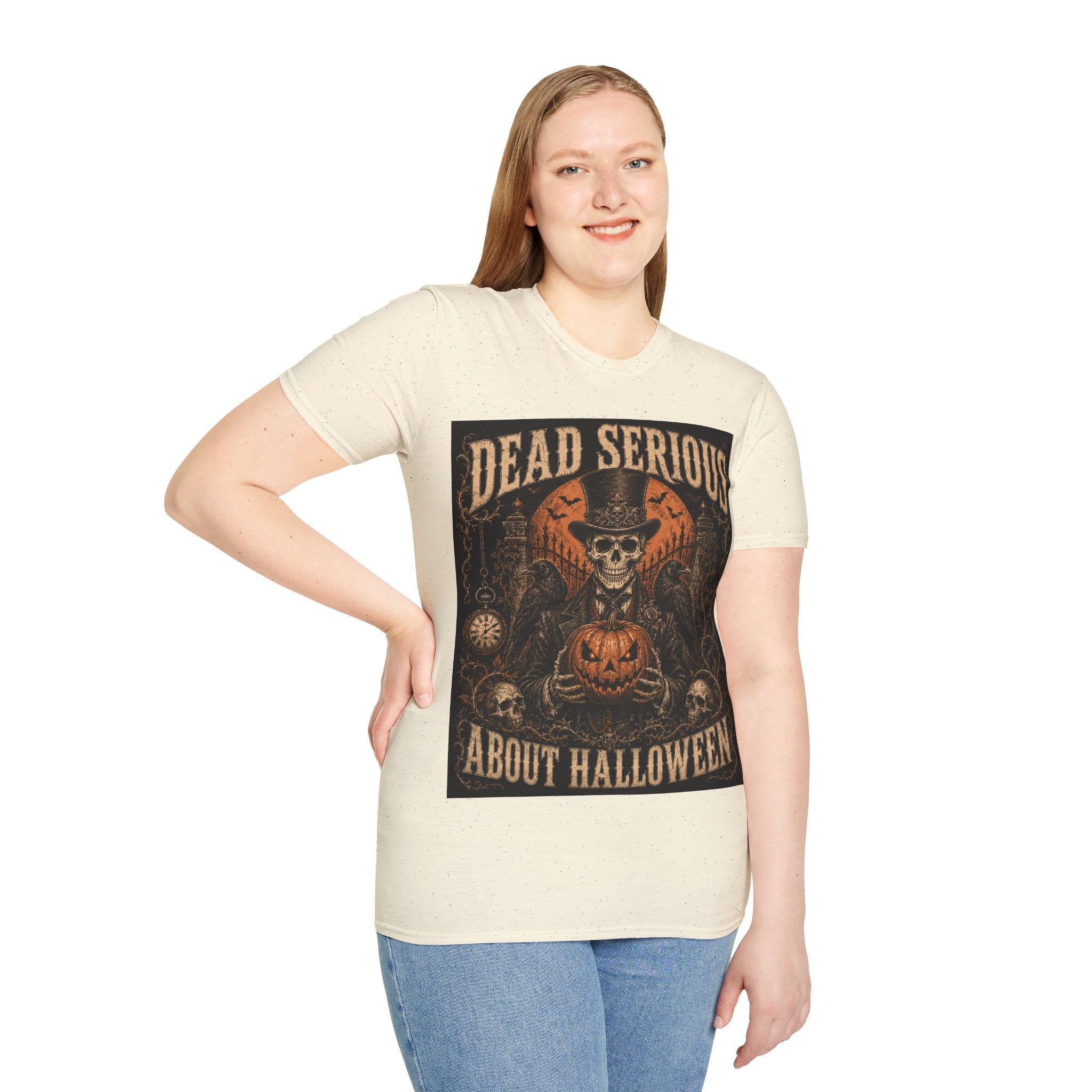 Halloween T-Shirt — "Dead Serious About Halloween" Skull & Pumpkin Vintage Design