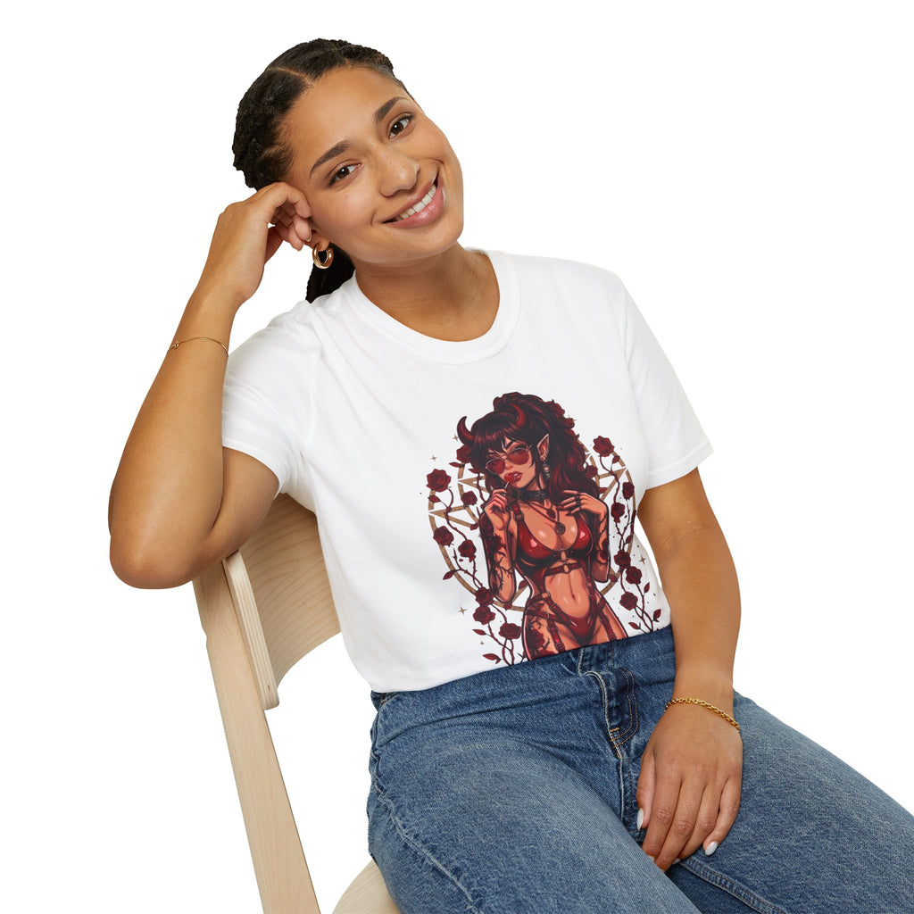 Sexy Succubus Tattoo Pin-Up Girl T Shirt - Rose Halo Graphic T-Shirt