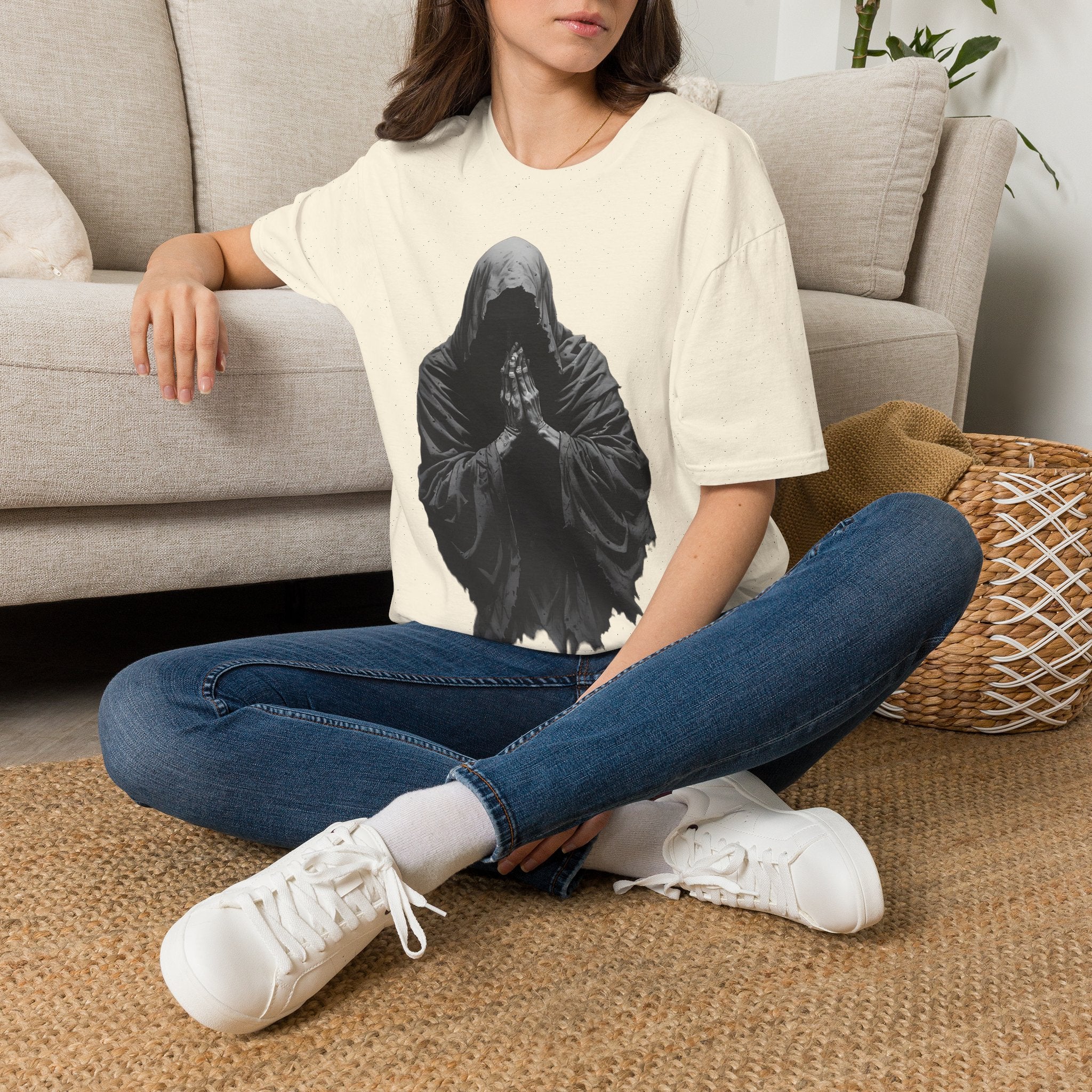 Hooded Figure Prayer T‑Shirt — Gothic Mystical Graphic Tee