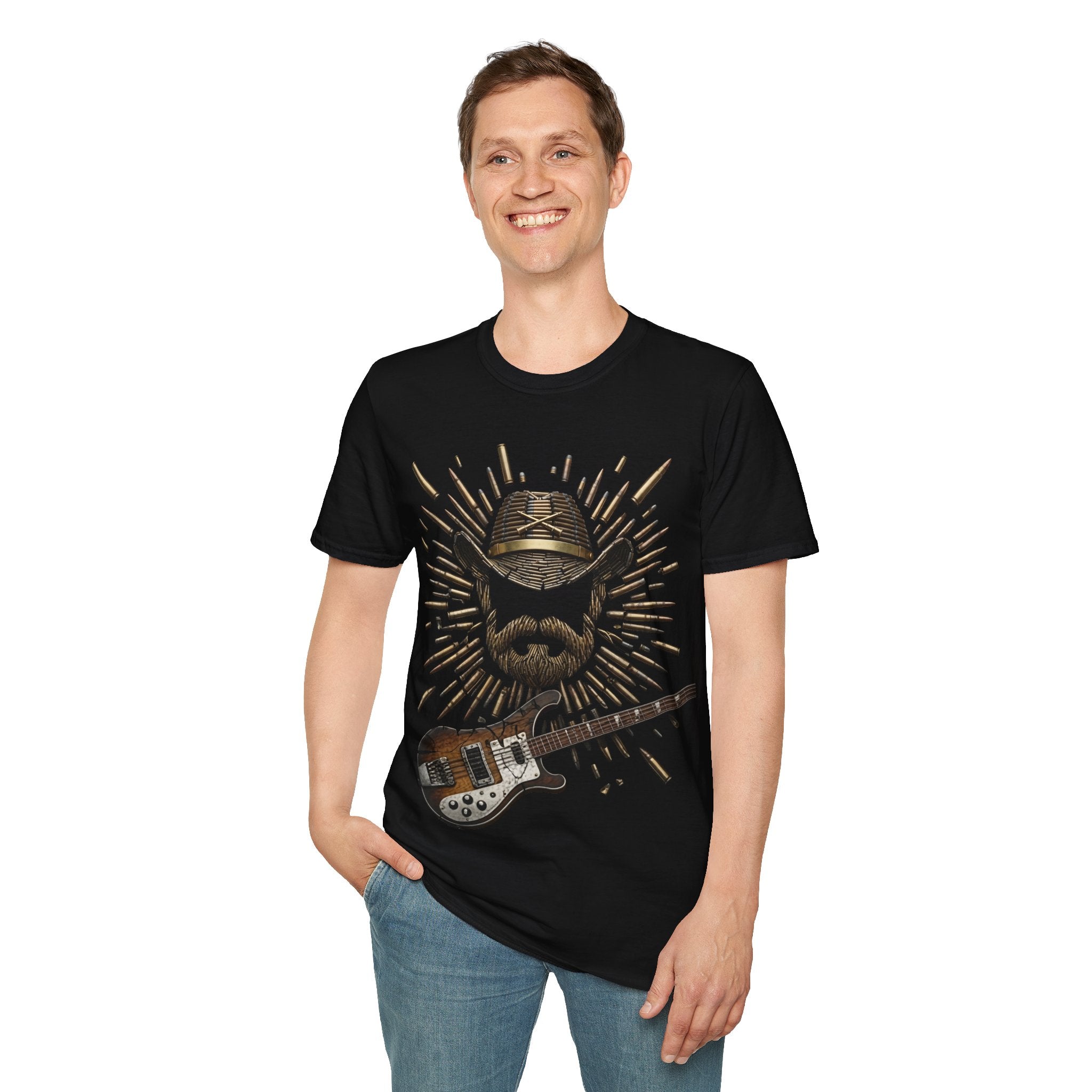 Rock Beard Guitar Motorhead Lemmy Style T‑Shirt — Vintage Skull Cap & Guitar Graphic Tee