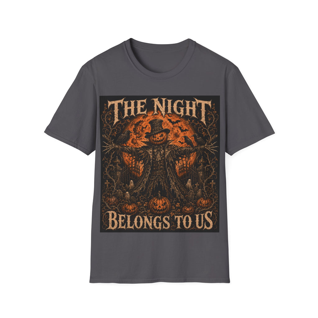 Halloween Scarecrow T-Shirt — "The Night Belongs To" Spooky Pumpkin Graphic