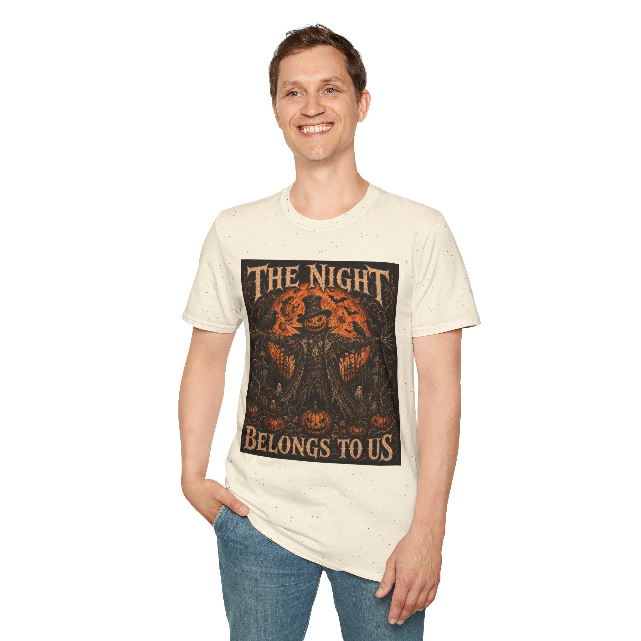 Halloween Scarecrow T-Shirt — "The Night Belongs To" Spooky Pumpkin Graphic