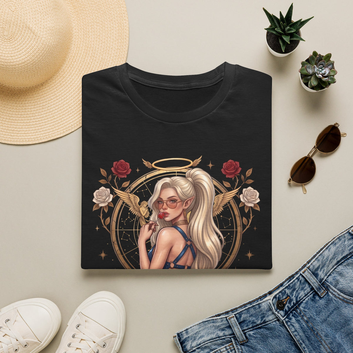 Sexy Angel Blonde Pin-Up Girl T Shirt - Rose Halo Graphic T-Shirt