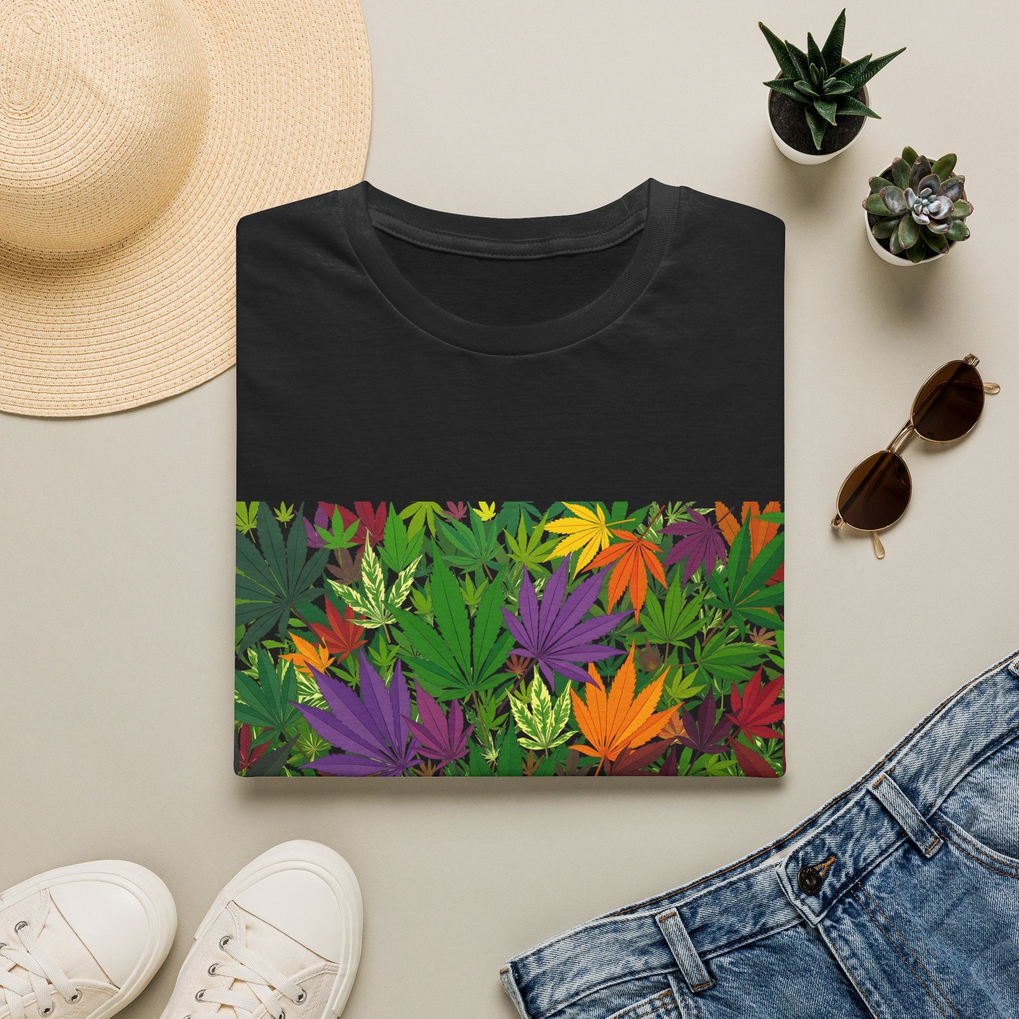 Cannabis Leaf Floral Tee — Colorful Marijuana Pattern T-Shirt