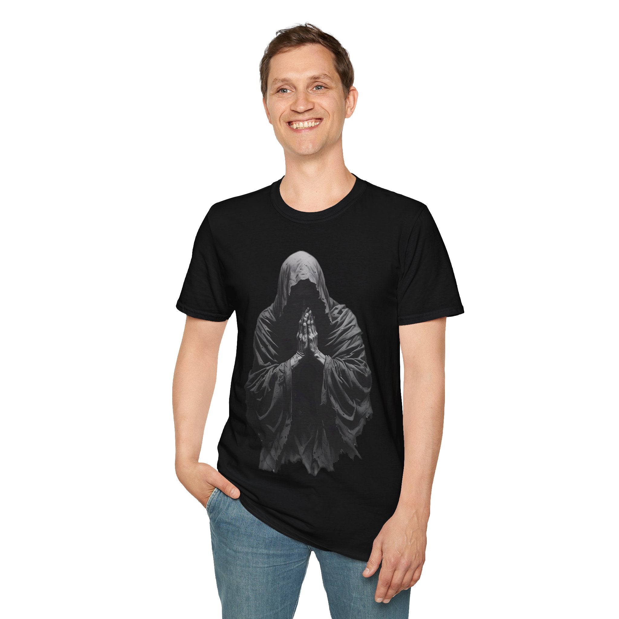 Hooded Figure Prayer T‑Shirt — Gothic Mystical Graphic Tee
