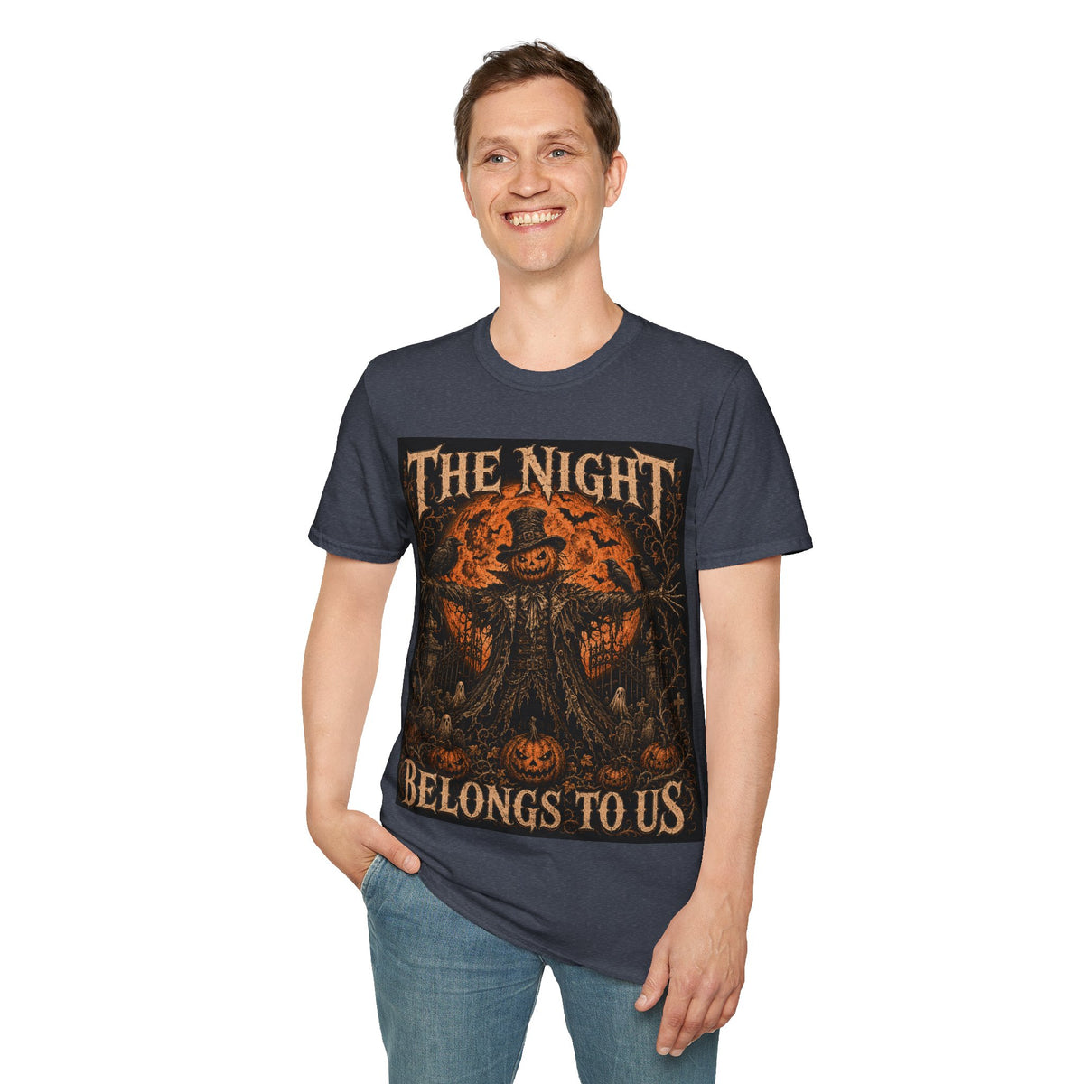 Halloween Scarecrow T-Shirt — "The Night Belongs To" Spooky Pumpkin Graphic
