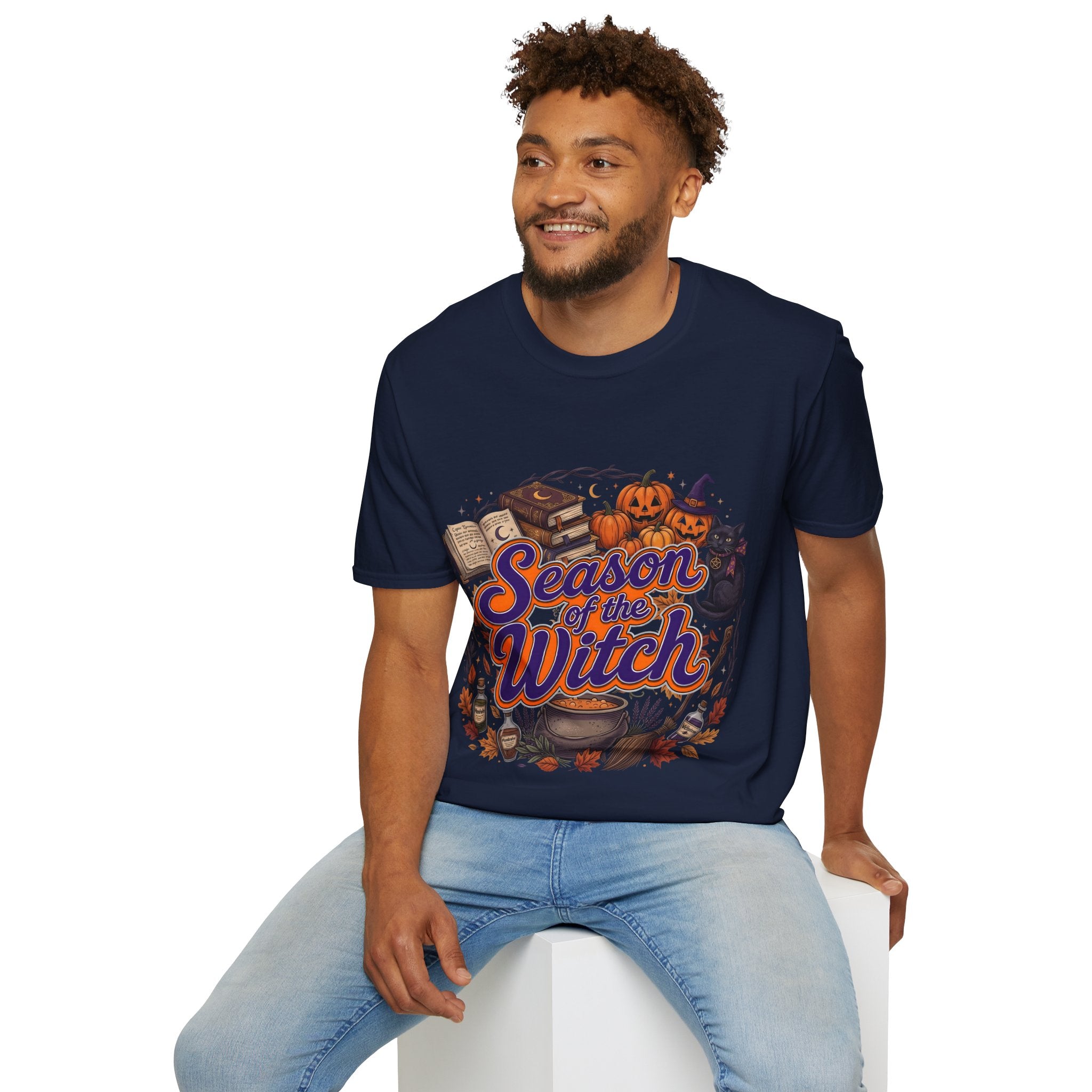 Season of the Witch Halloween T-Shirt — Pumpkin, Witch Hat & Spellbook Tee
