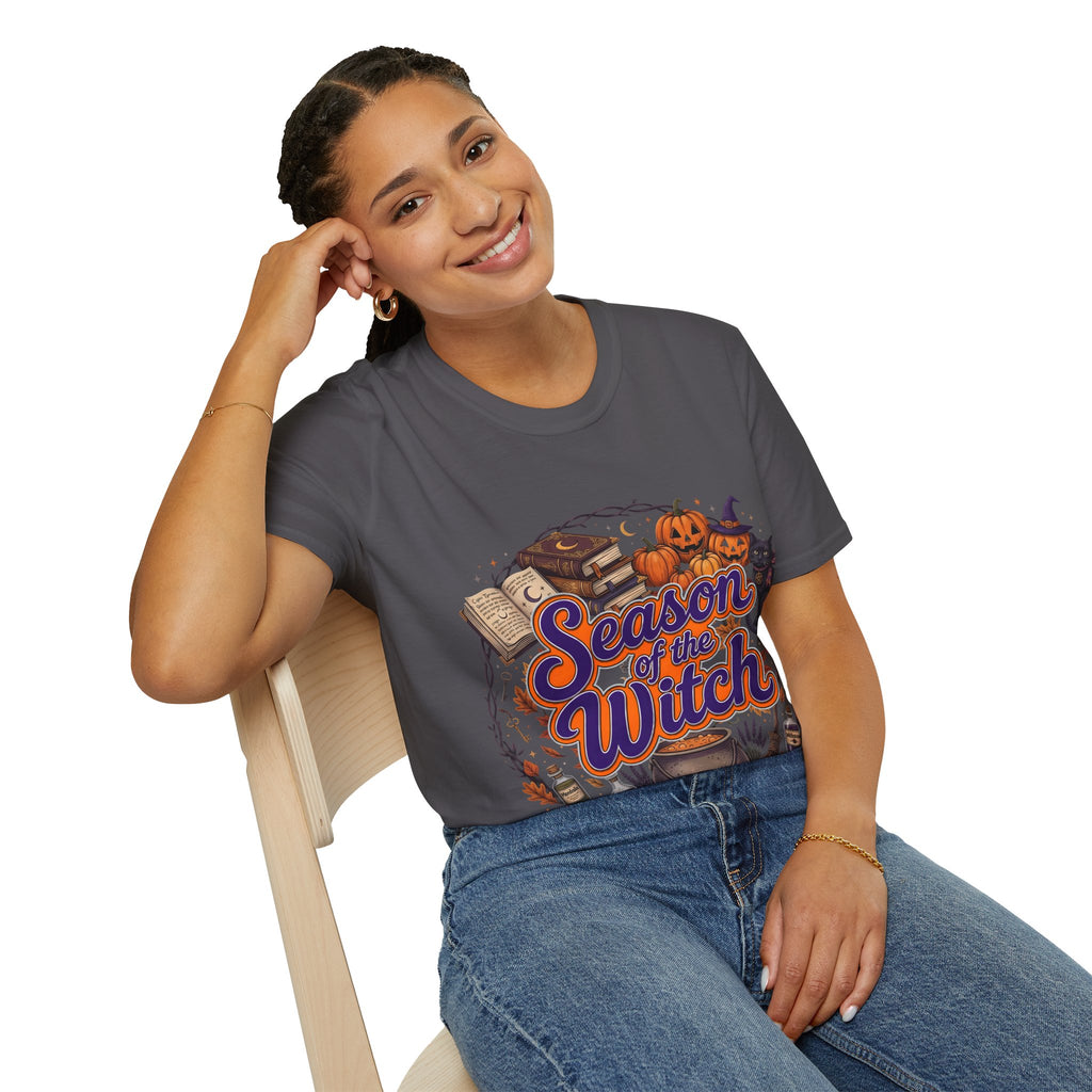 Season of the Witch Halloween T-Shirt — Pumpkin, Witch Hat & Spellbook Tee