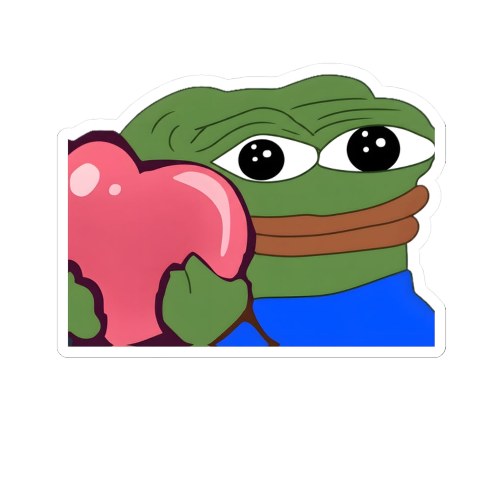 Pepe Heart Sticker — Cute Sad Frog Holding Pink Heart Kiss-Cut Sticker