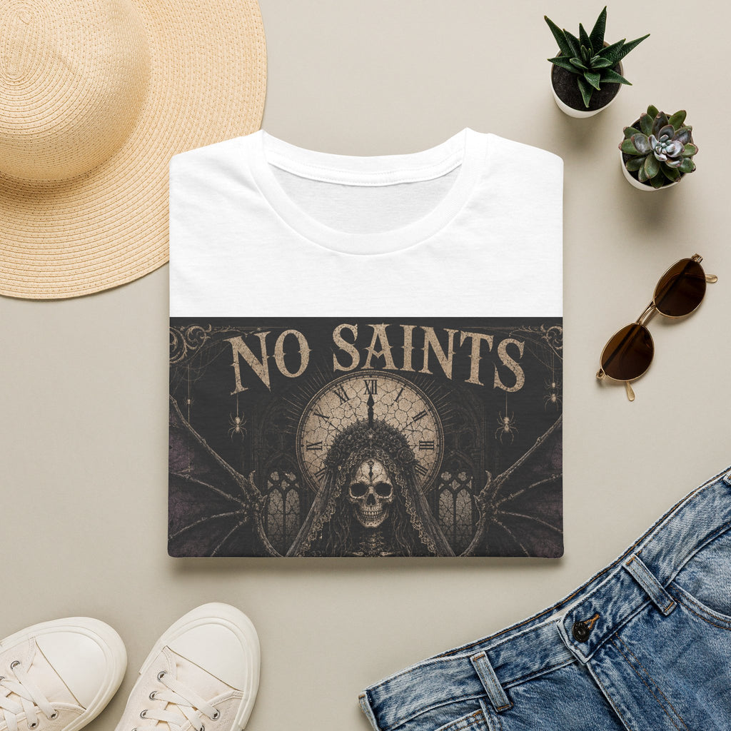 No Saints Graphic T-Shirt — Gothic Skull Clock Design