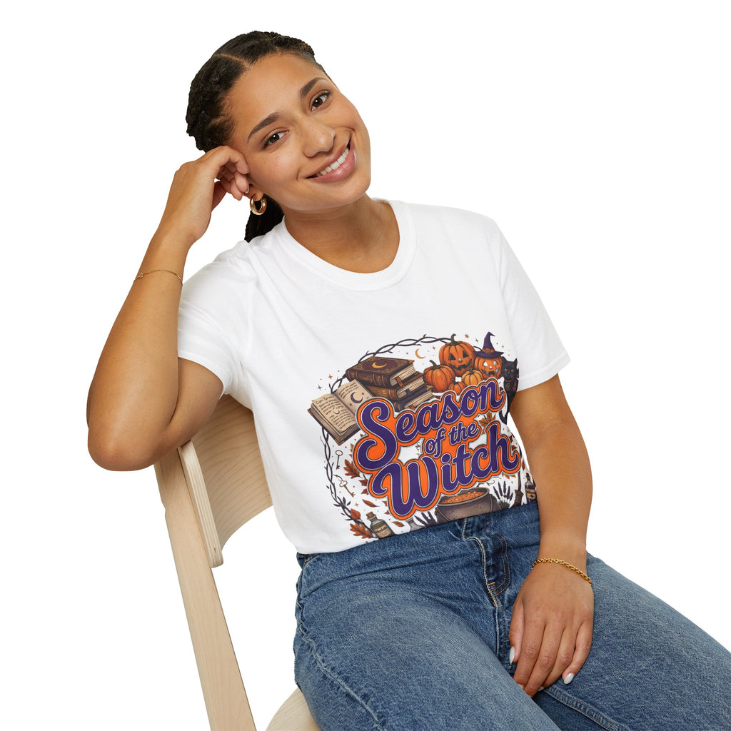 Season of the Witch Halloween T-Shirt — Pumpkin, Witch Hat & Spellbook Tee