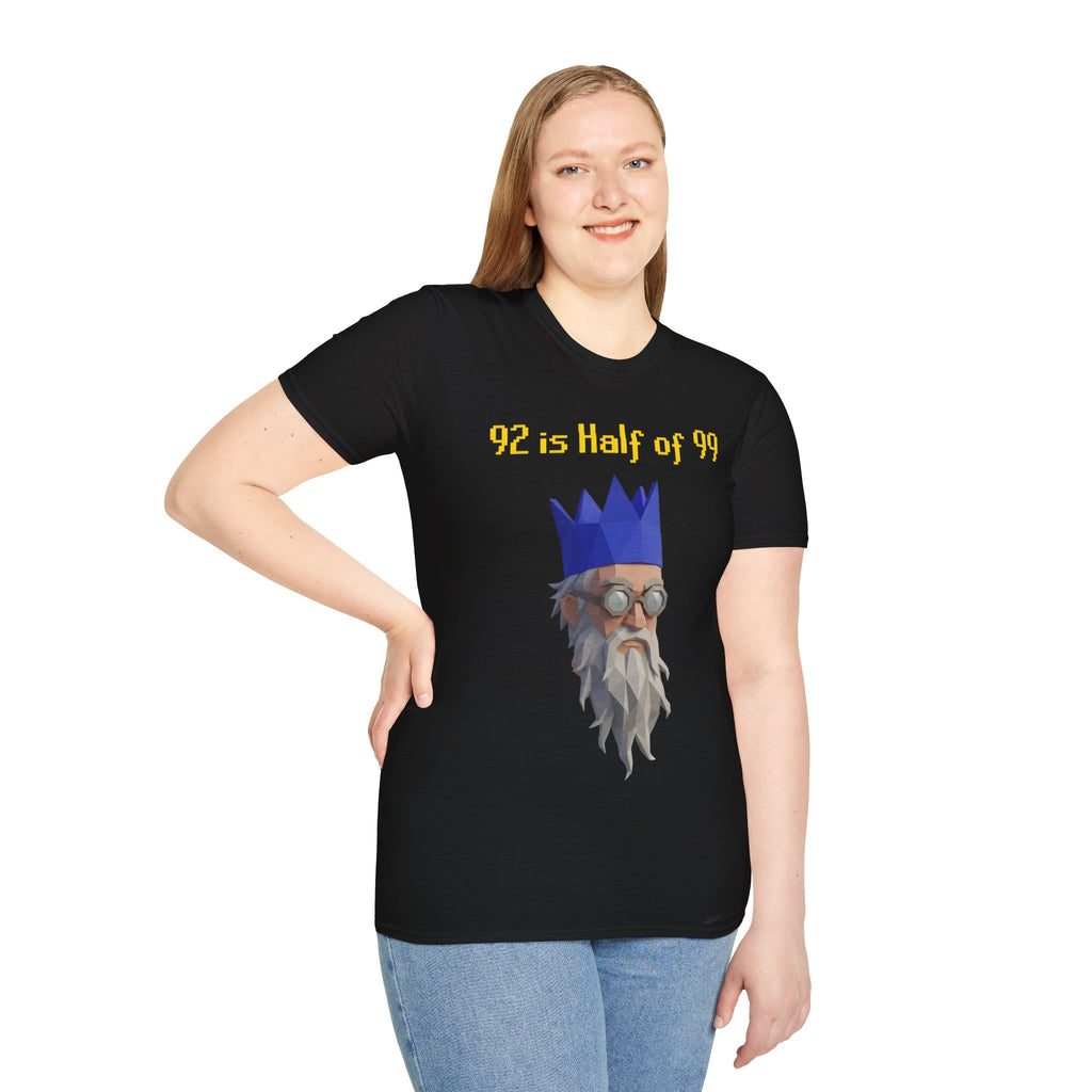 “92 is half of 99” Graphic T‑Shirt — Retro Pixel King Math Humor Tee