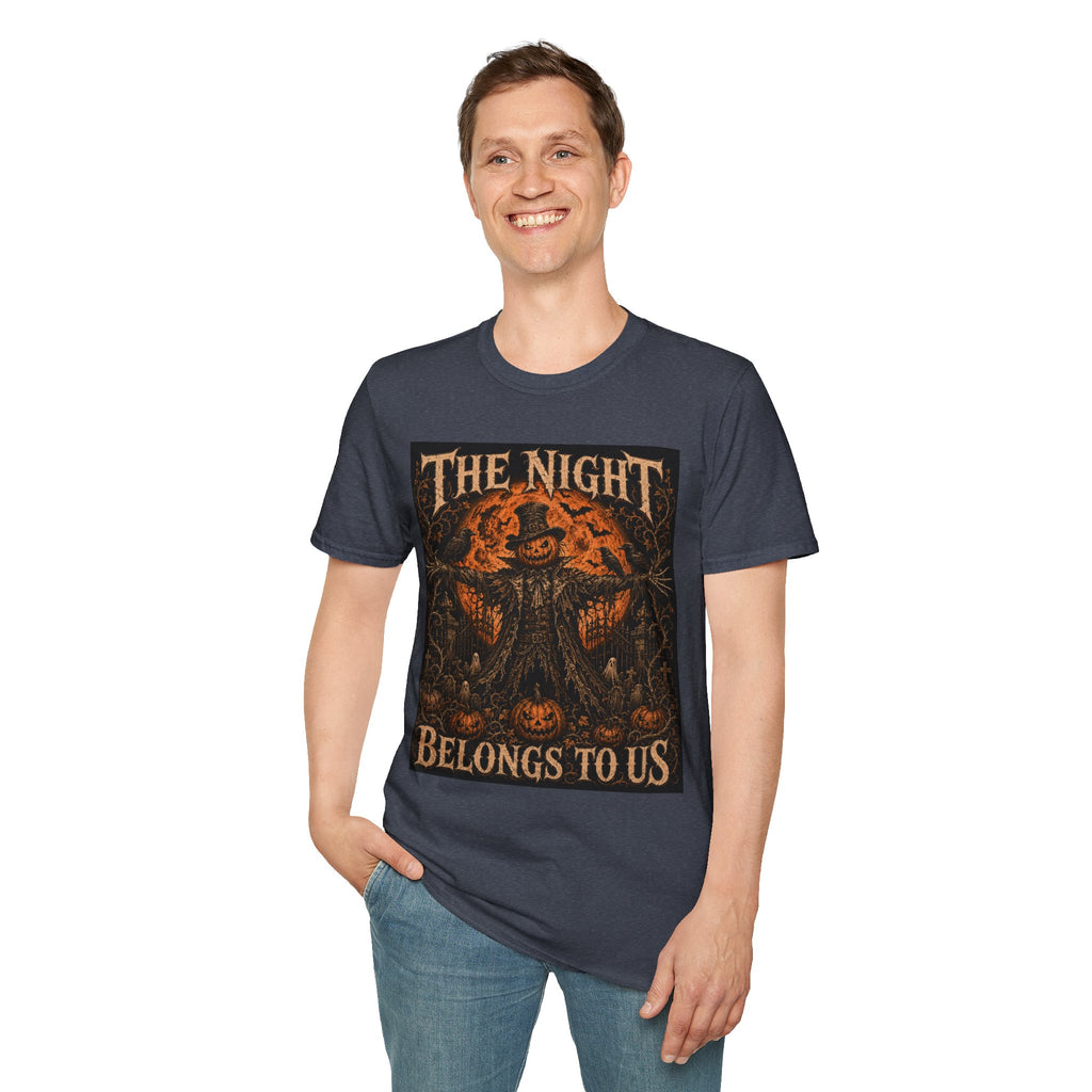Halloween Scarecrow T-Shirt — "The Night Belongs To" Spooky Pumpkin Graphic