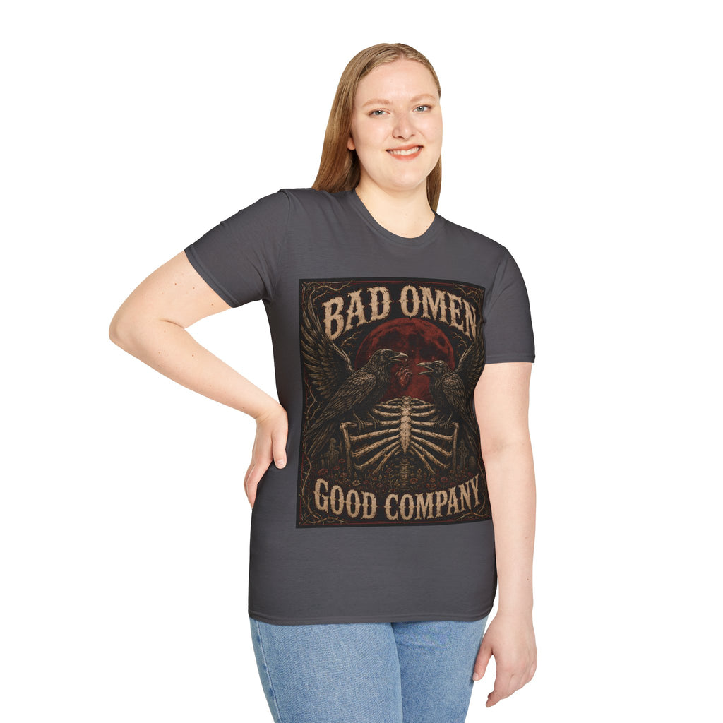 Bad Omen Graphic T‑Shirt — Gothic Raven Skeleton Retro Band Tee
