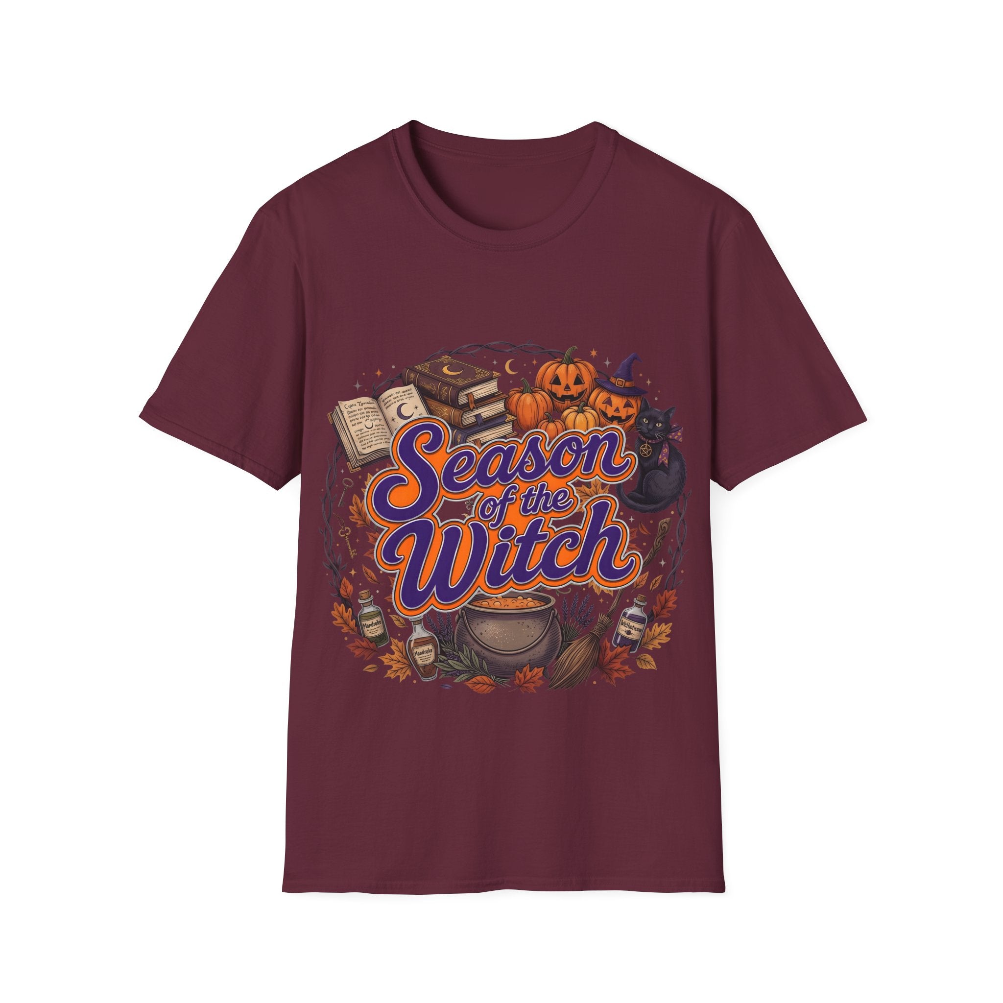 Season of the Witch Halloween T-Shirt — Pumpkin, Witch Hat & Spellbook Tee