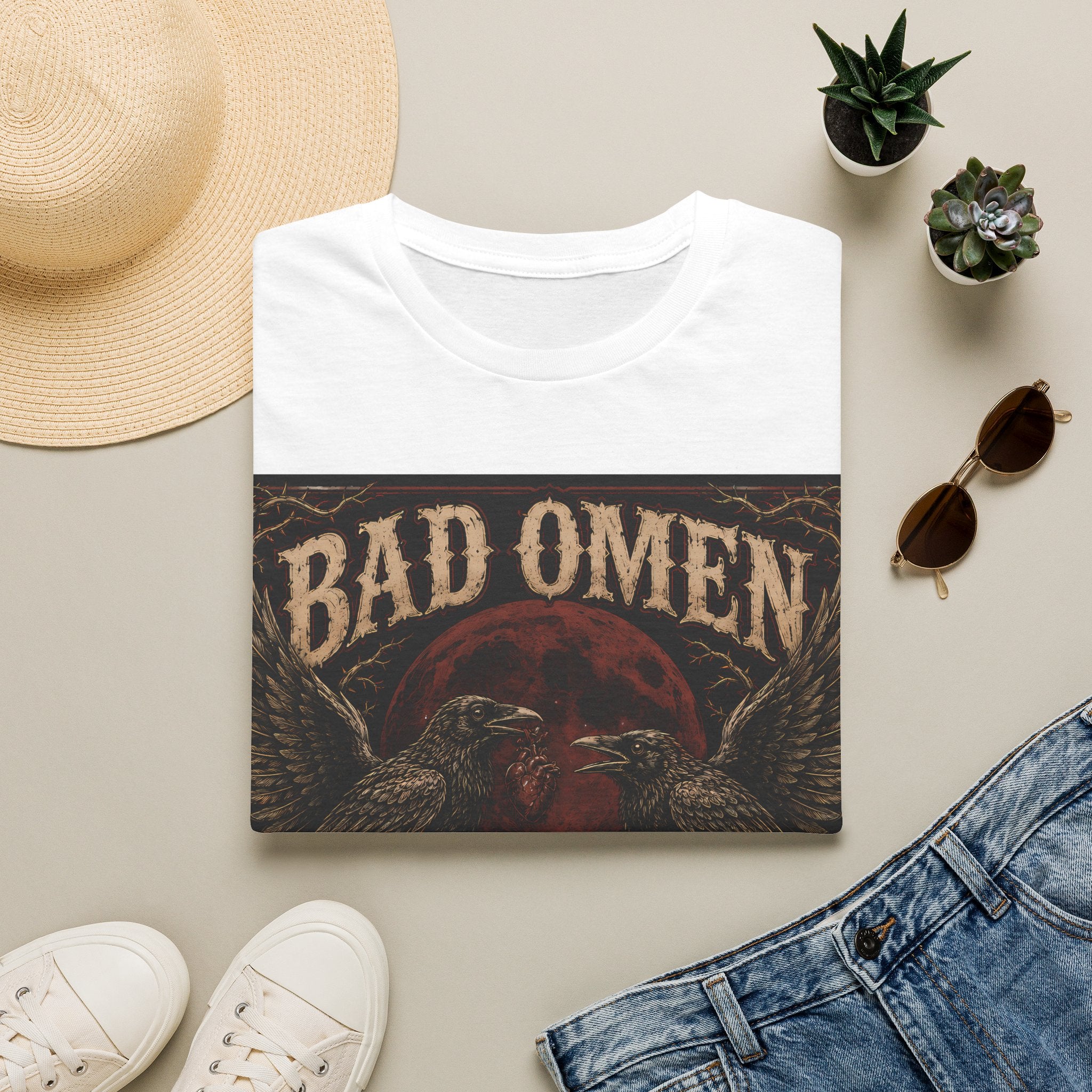 Bad Omen Graphic T‑Shirt — Gothic Raven Skeleton Retro Band Tee