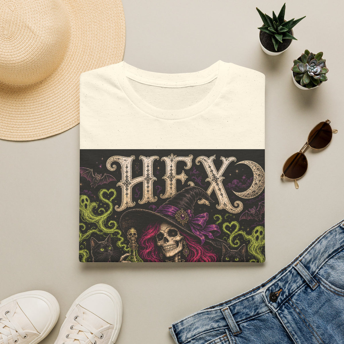 Witchy Halloween T‑Shirt — 'Hex Appears' Skull Witch Graphic Tee