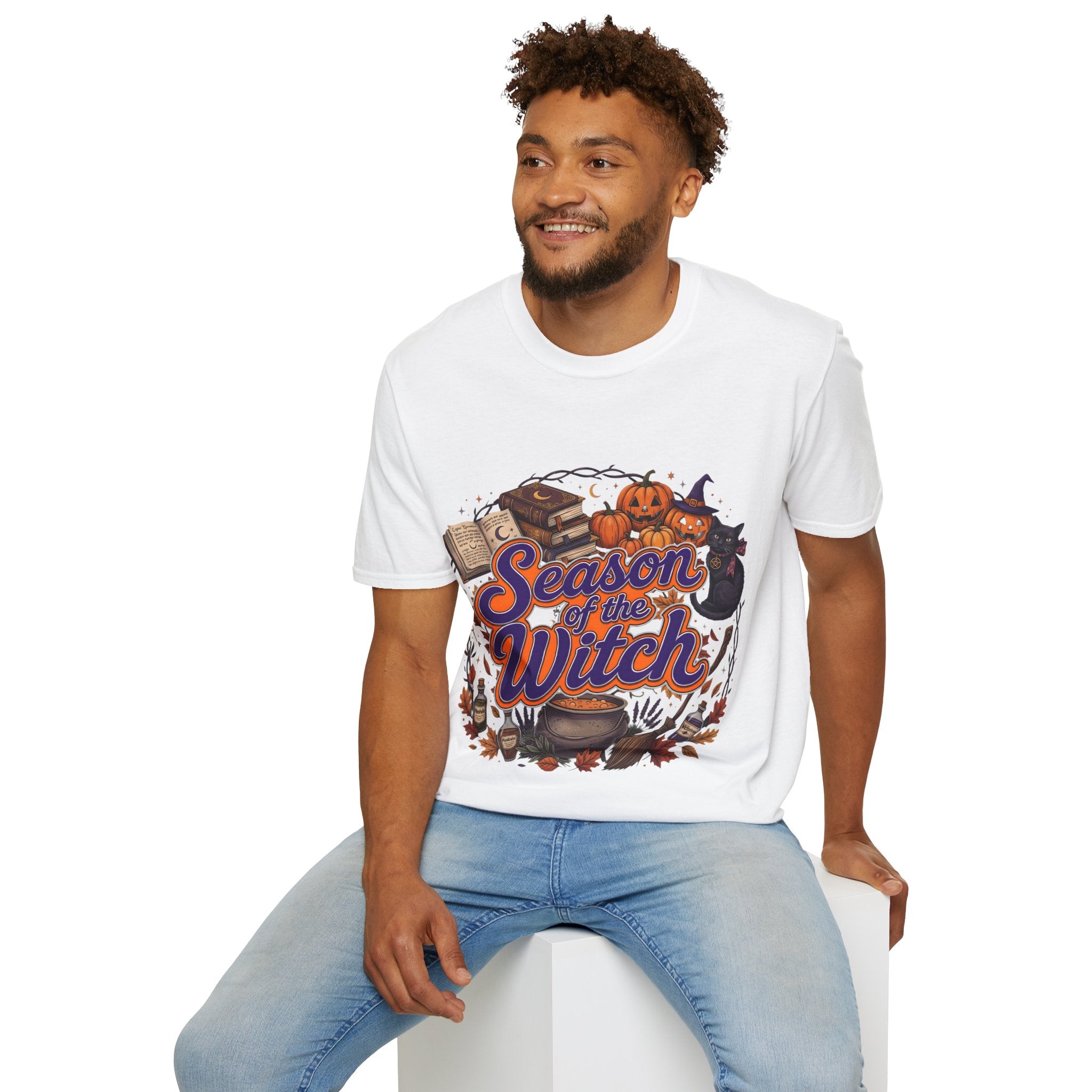 Season of the Witch Halloween T-Shirt — Pumpkin, Witch Hat & Spellbook Tee