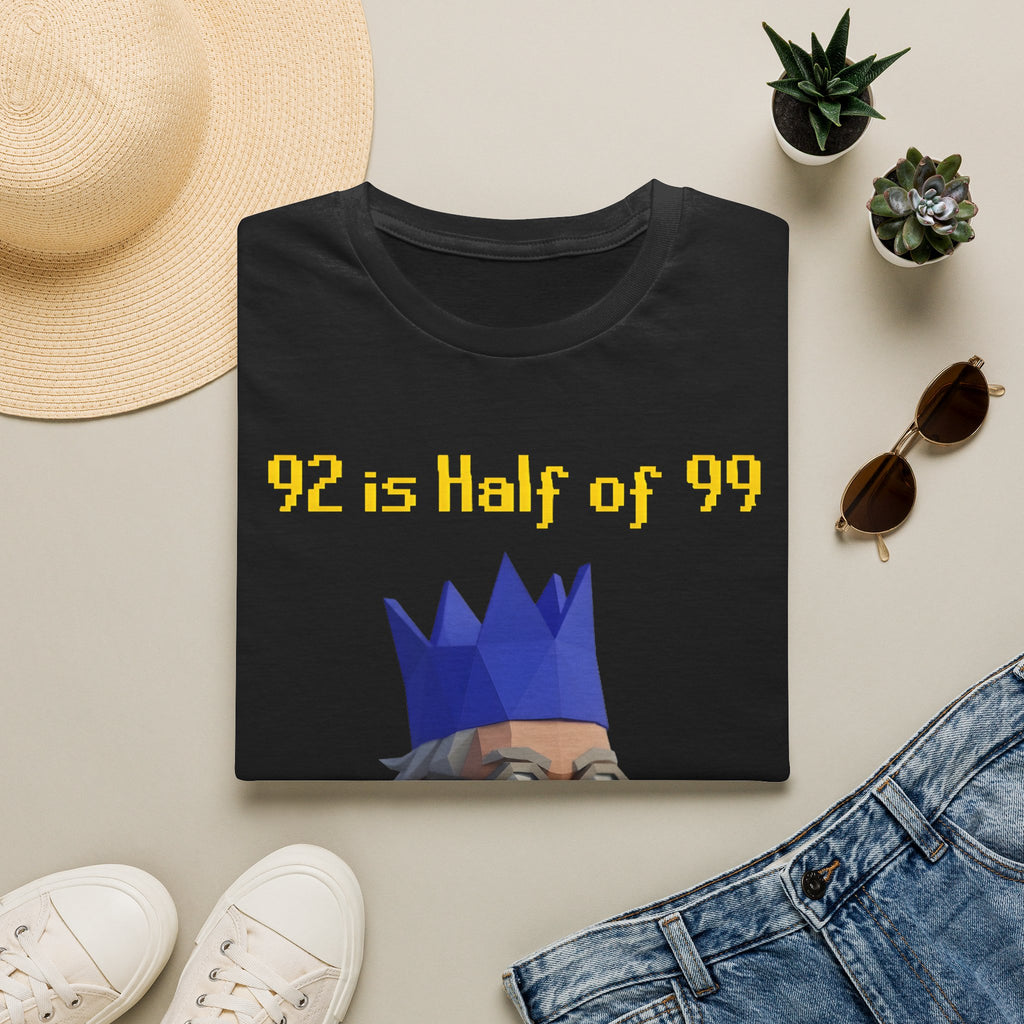 “92 is half of 99” Graphic T‑Shirt — Retro Pixel King Math Humor Tee