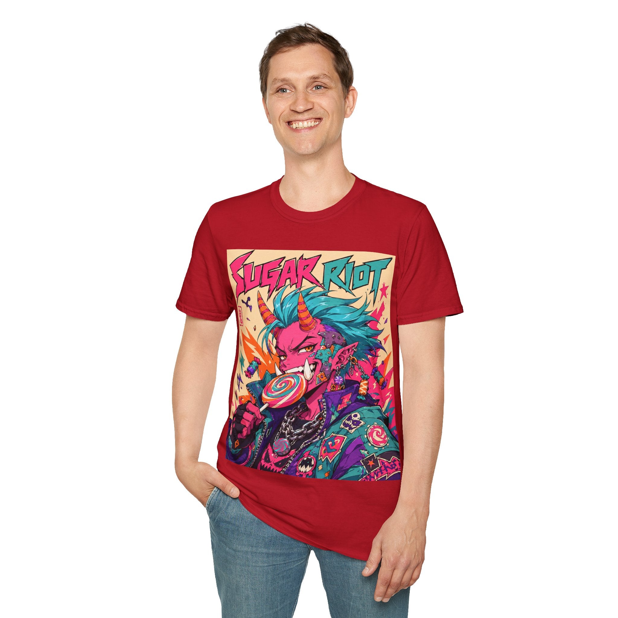 Sugar Riot T‑Shirt — Colorful Punk Unicorn Candy Skull Graphic Tee