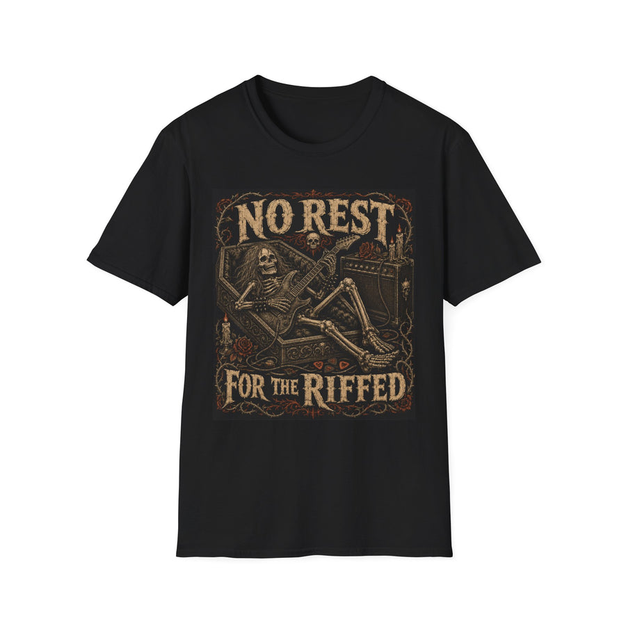 Black T-shirt with No Rest for the Riffed text and guitar-playing skeleton, front view.
