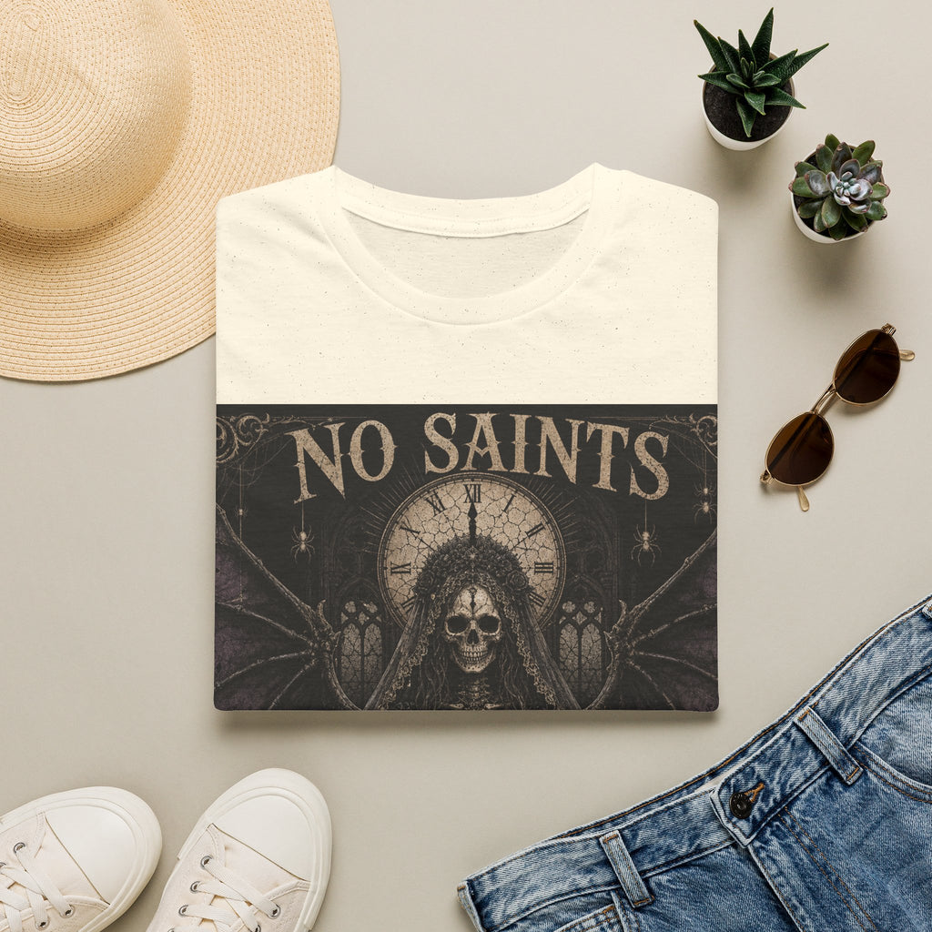 No Saints Graphic T-Shirt — Gothic Skull Clock Design