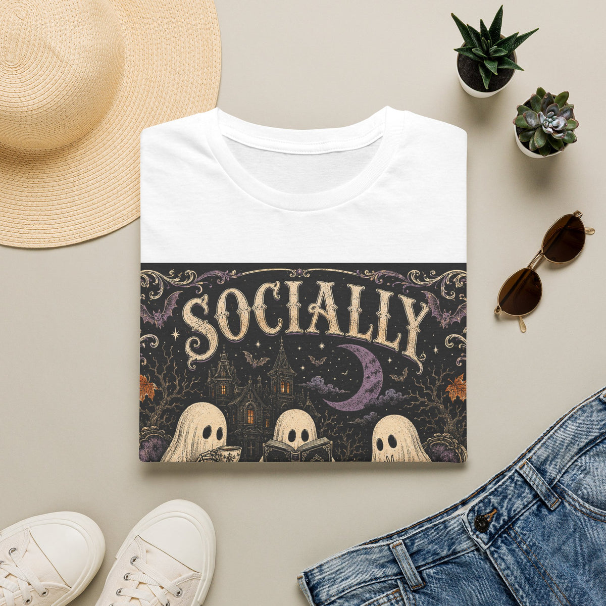 Socially Haunted T-Shirt — Cute Ghost Halloween Graphic Tee