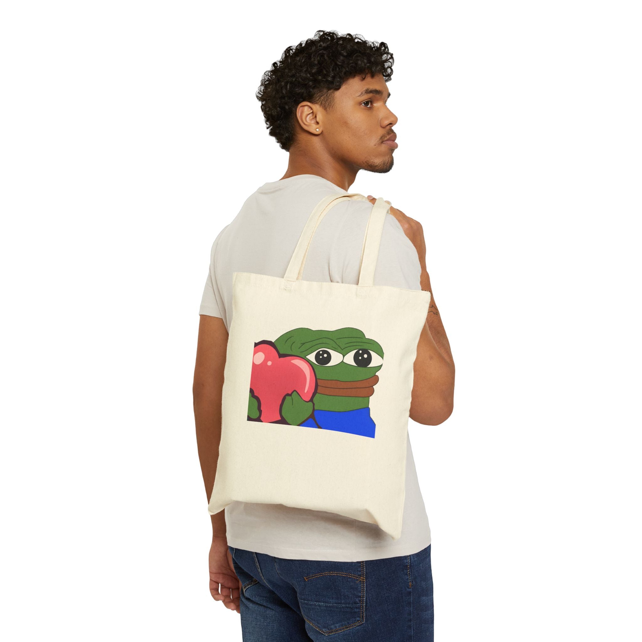 Pepe Heart Tote Bag — Cute Frog Holding Heart Cotton Canvas Tote