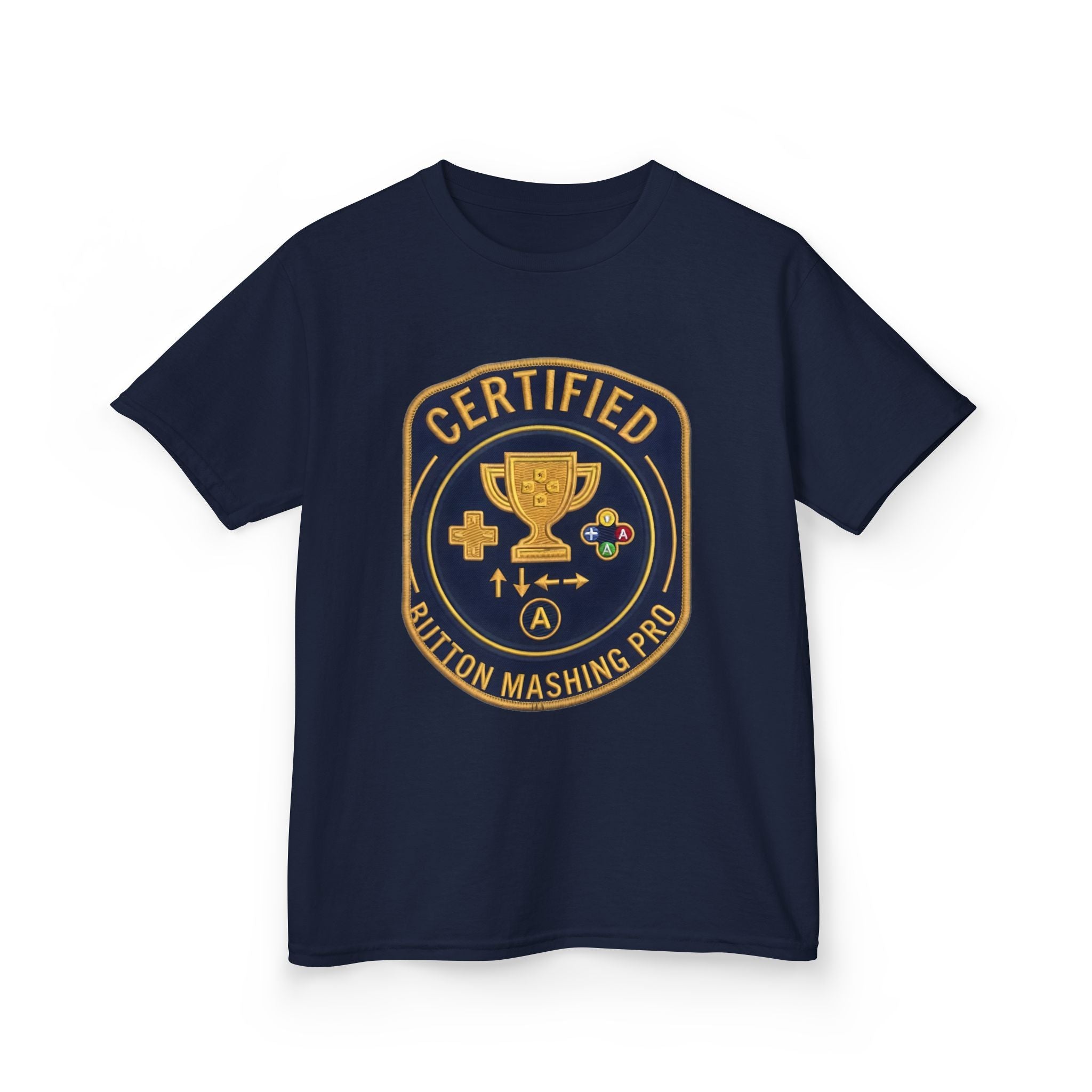 Kids Tee — "Certified Button Mashing Pro" Retro Gamer Badge