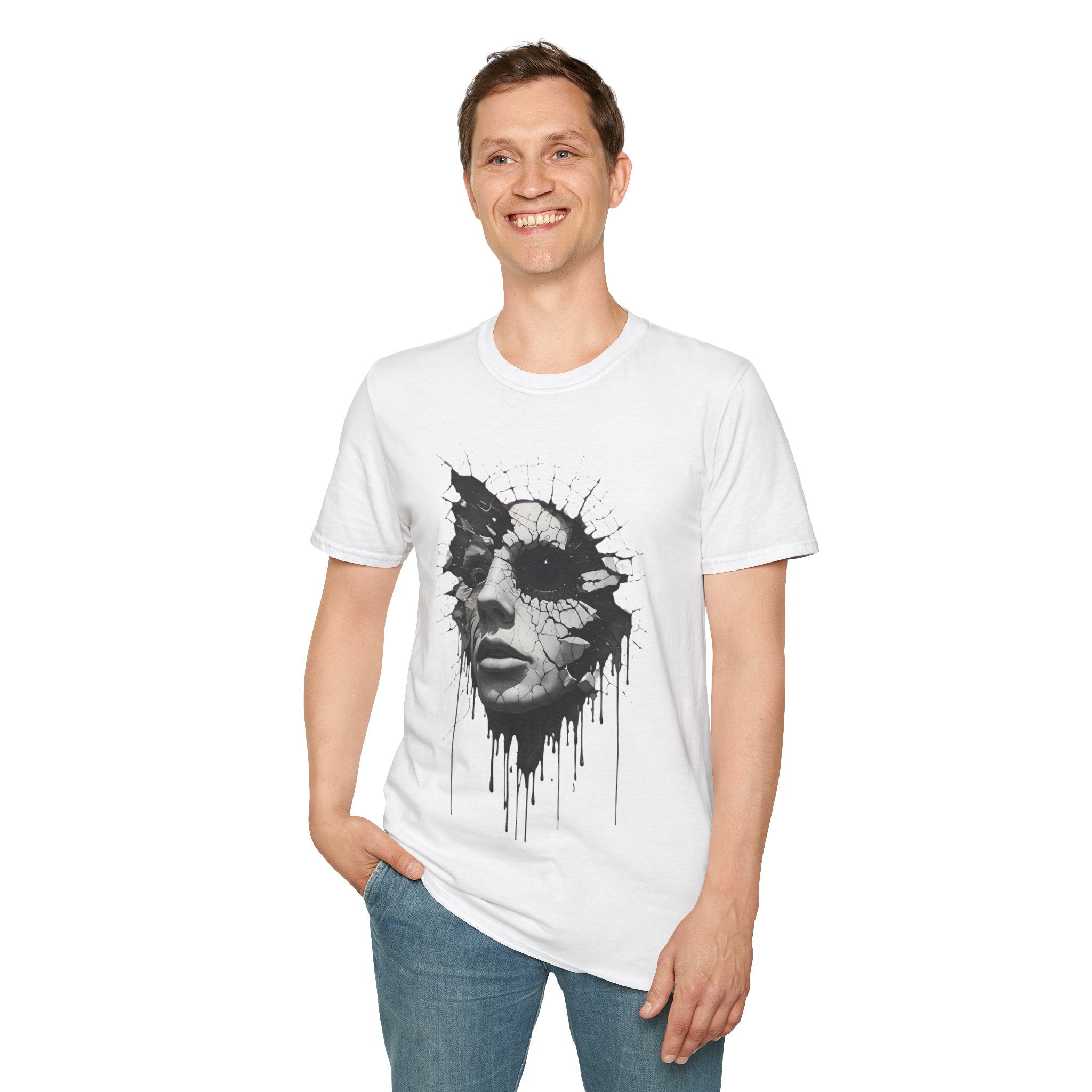 Abstract Shattered Face T-Shirt — Monochrome Drip Art Tee