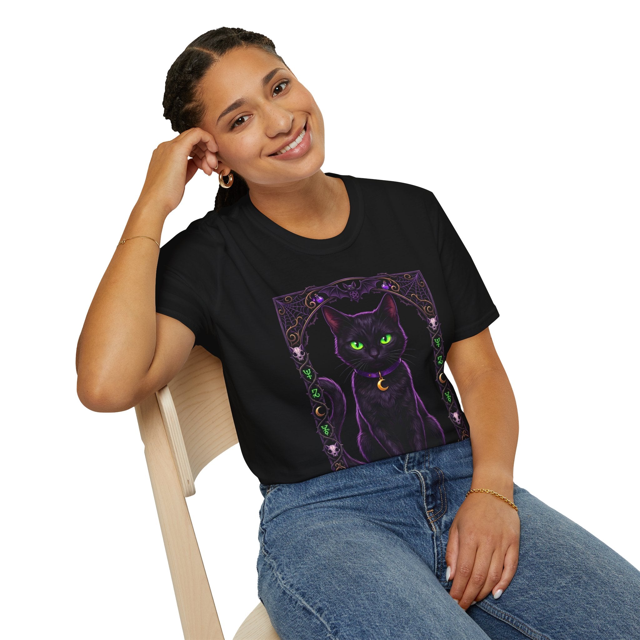 Mystic Black Cat T‑Shirt — Glowing Green Eyes Witchy Tee