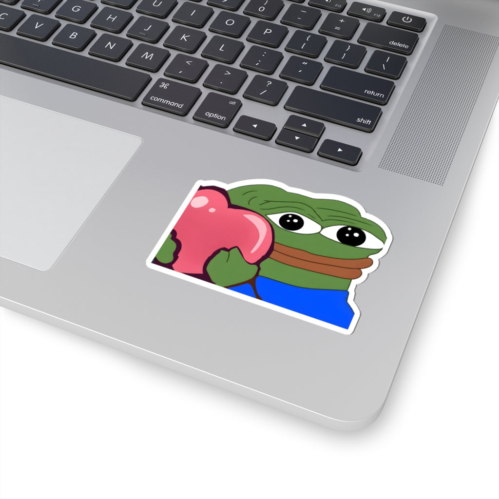 Pepe Heart Sticker — Cute Sad Frog Holding Pink Heart Kiss-Cut Sticker