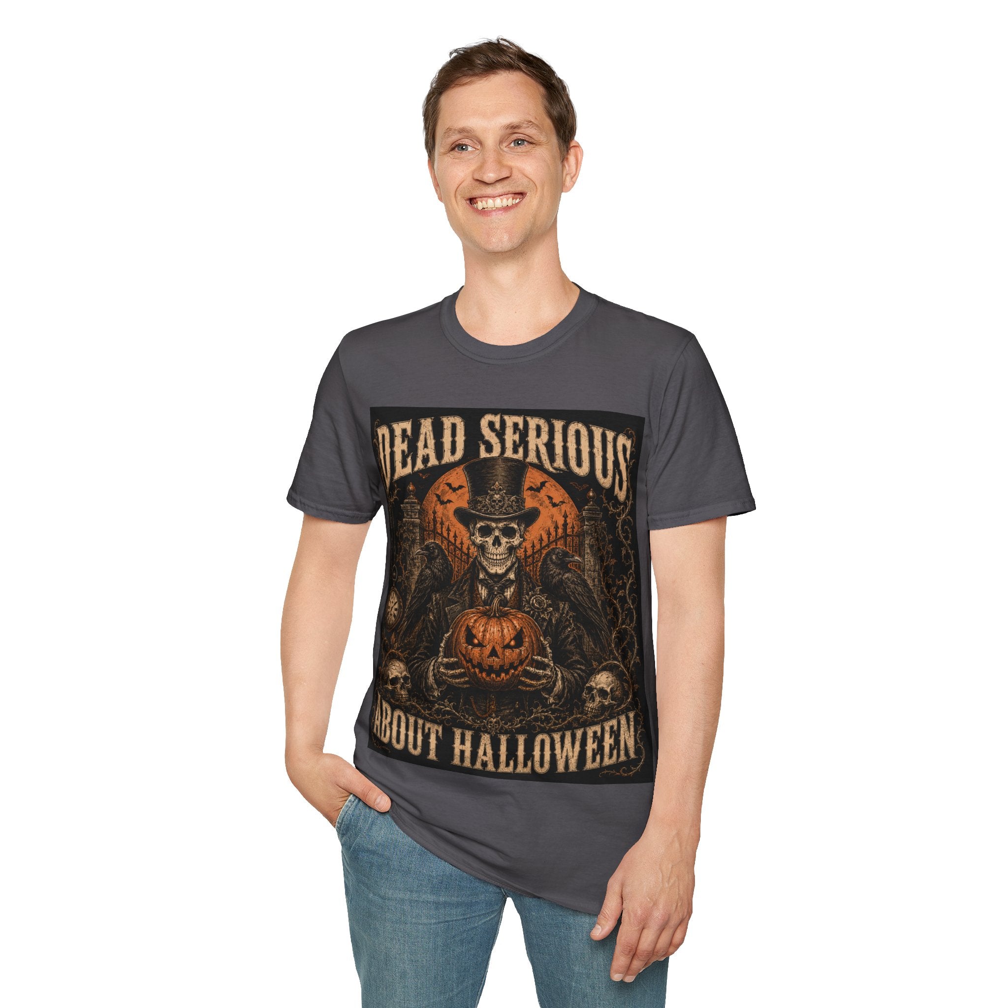 Halloween T-Shirt — "Dead Serious About Halloween" Skull & Pumpkin Vintage Design