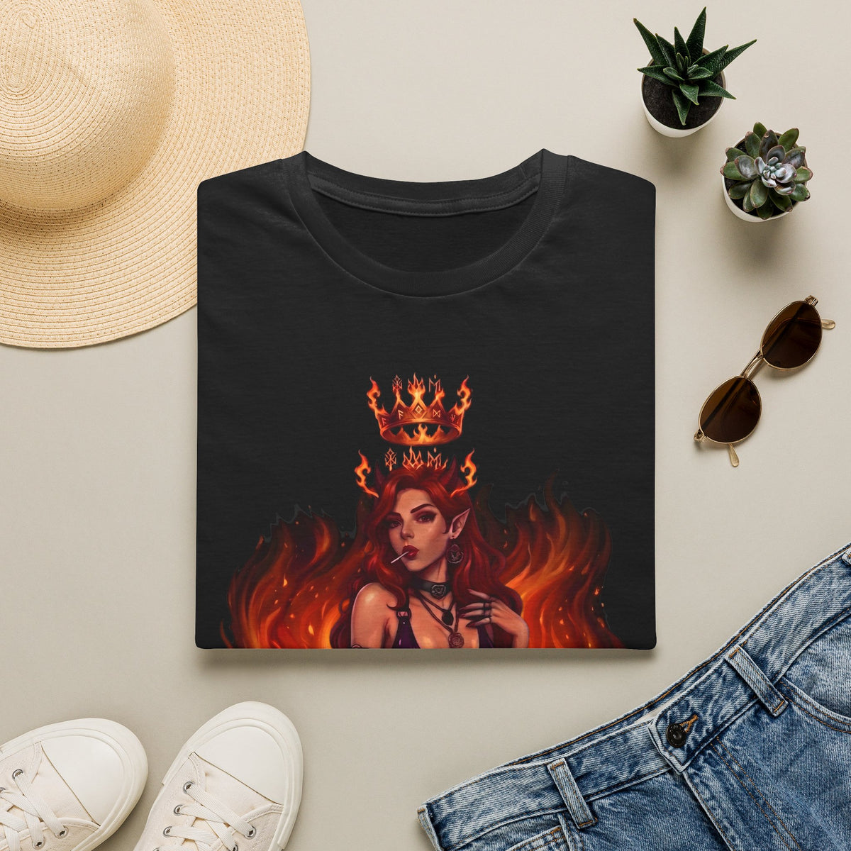 Flaming Witch Queen Graphic T-Shirt - Fire Witch Illustration Tee