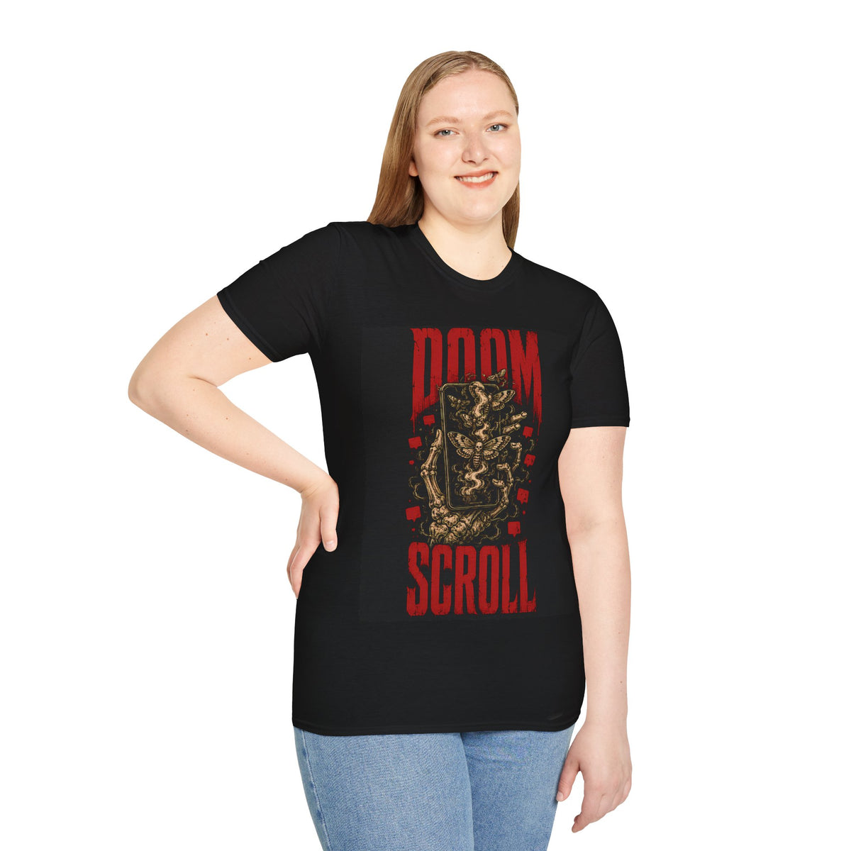 Doom Scroll Graphic T-Shirt — Vintage Demon Design, Dark Aesthetic Tee