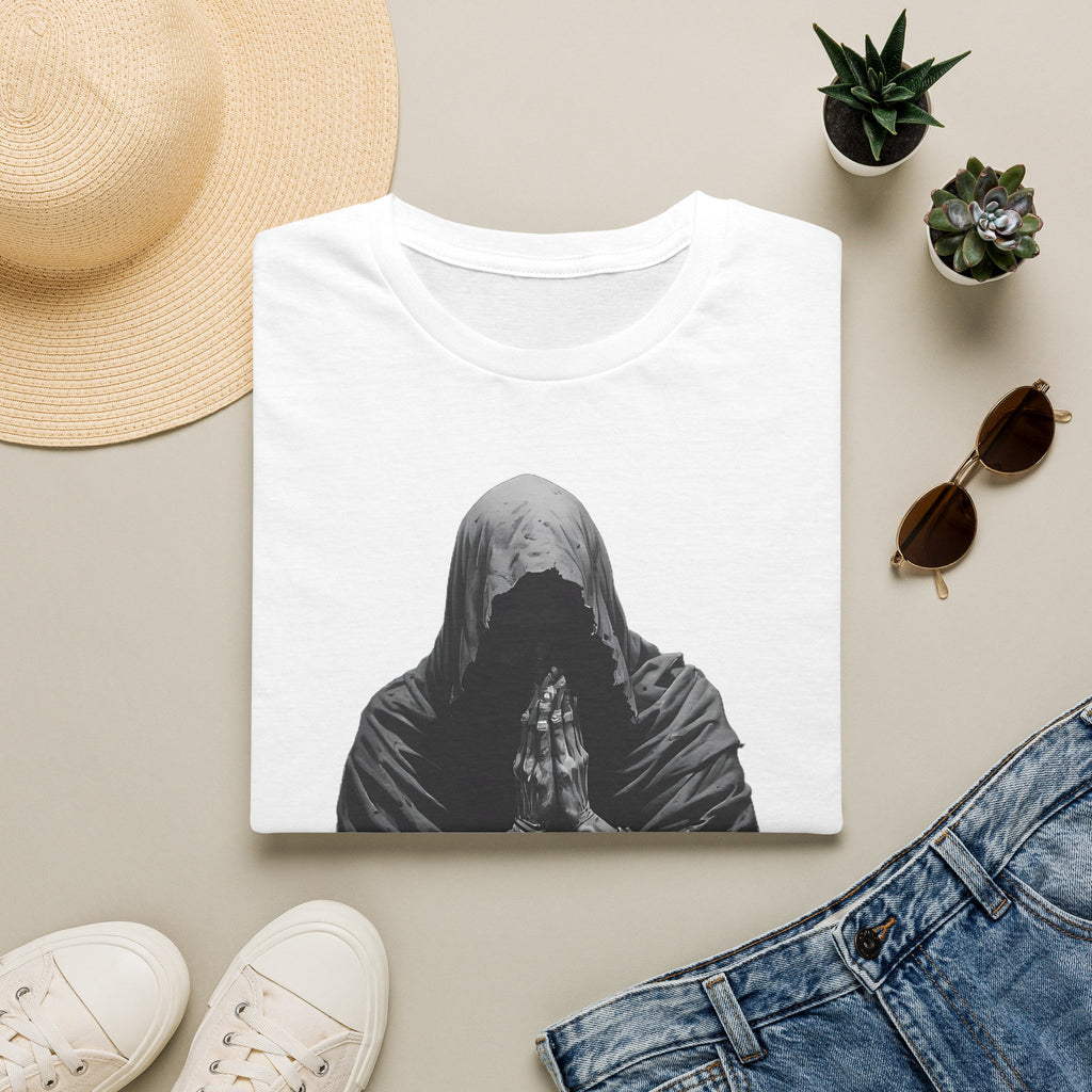 Hooded Figure Prayer T‑Shirt — Gothic Mystical Graphic Tee