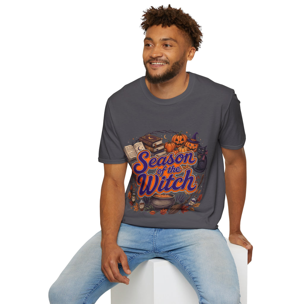 Season of the Witch Halloween T-Shirt — Pumpkin, Witch Hat & Spellbook Tee